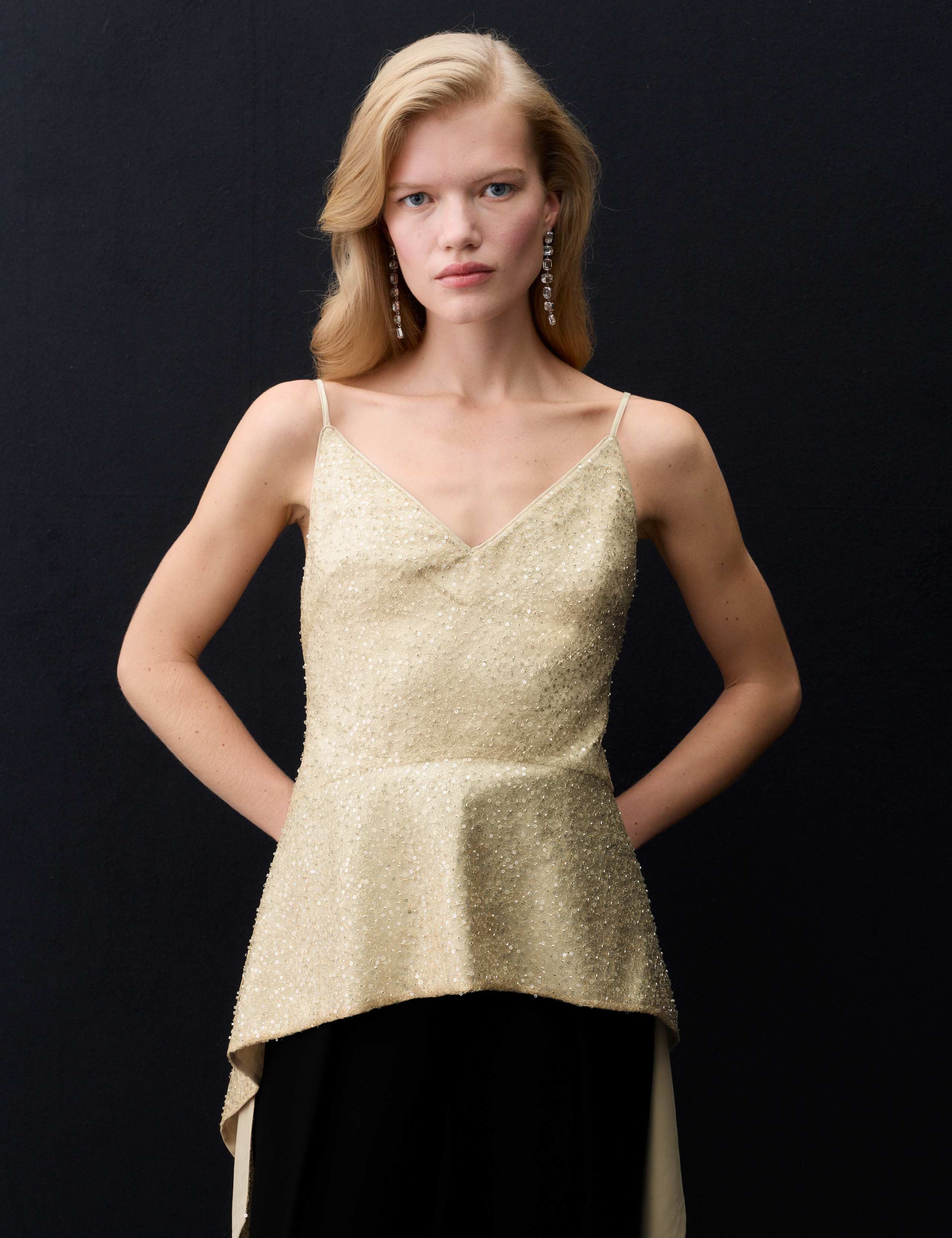 Sequin V Neck Asymmetric Cami Top