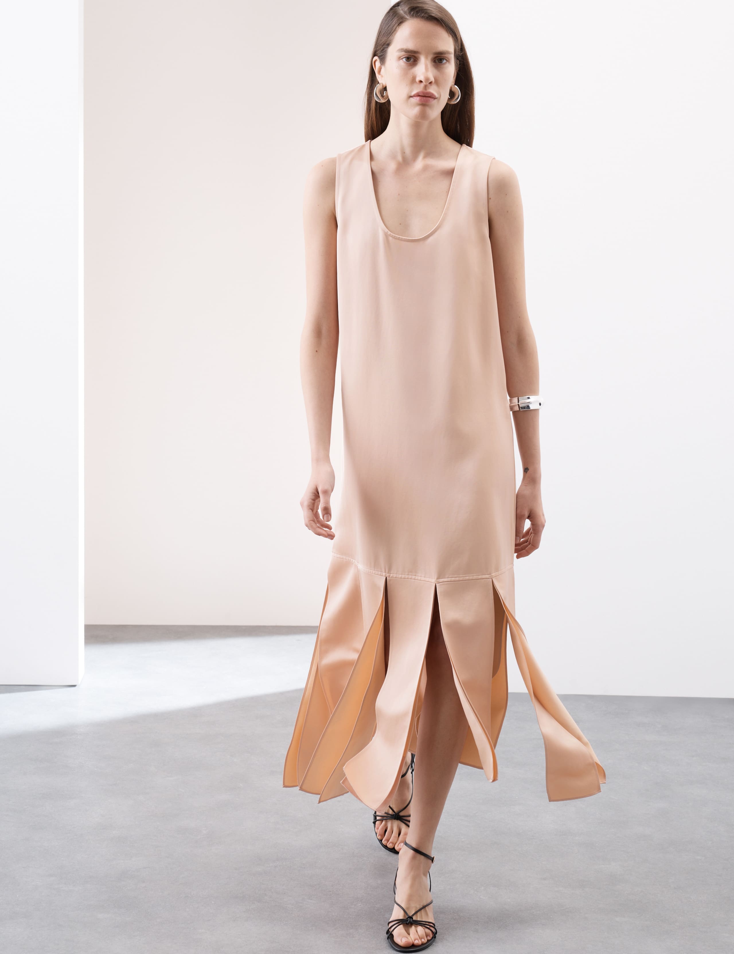Satin Scoop Neck Tassel Midi Dress