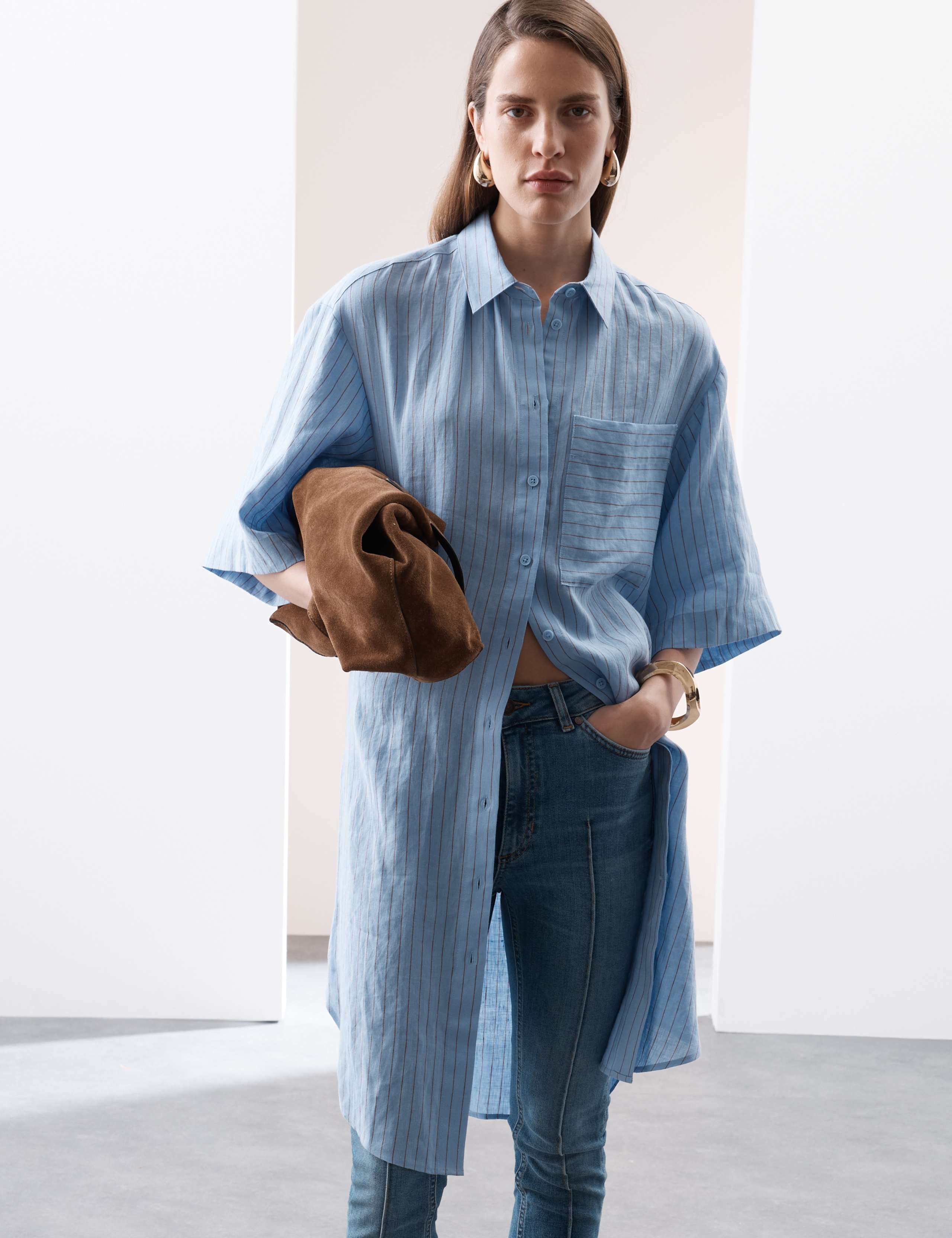 Linen Rich Striped Knee Length Shirt Dress
