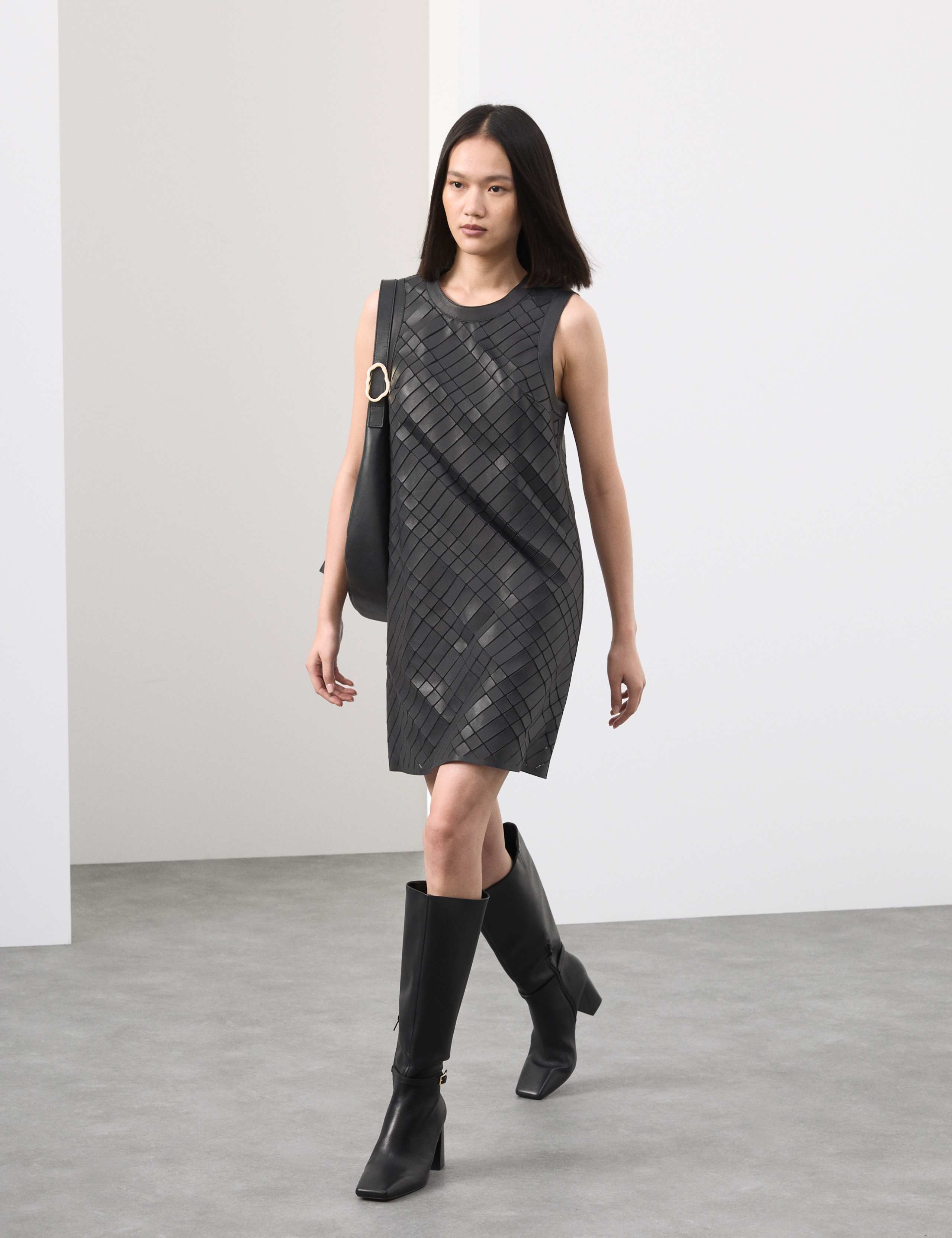 Leather Cutwork Detail Mini Shift Dress