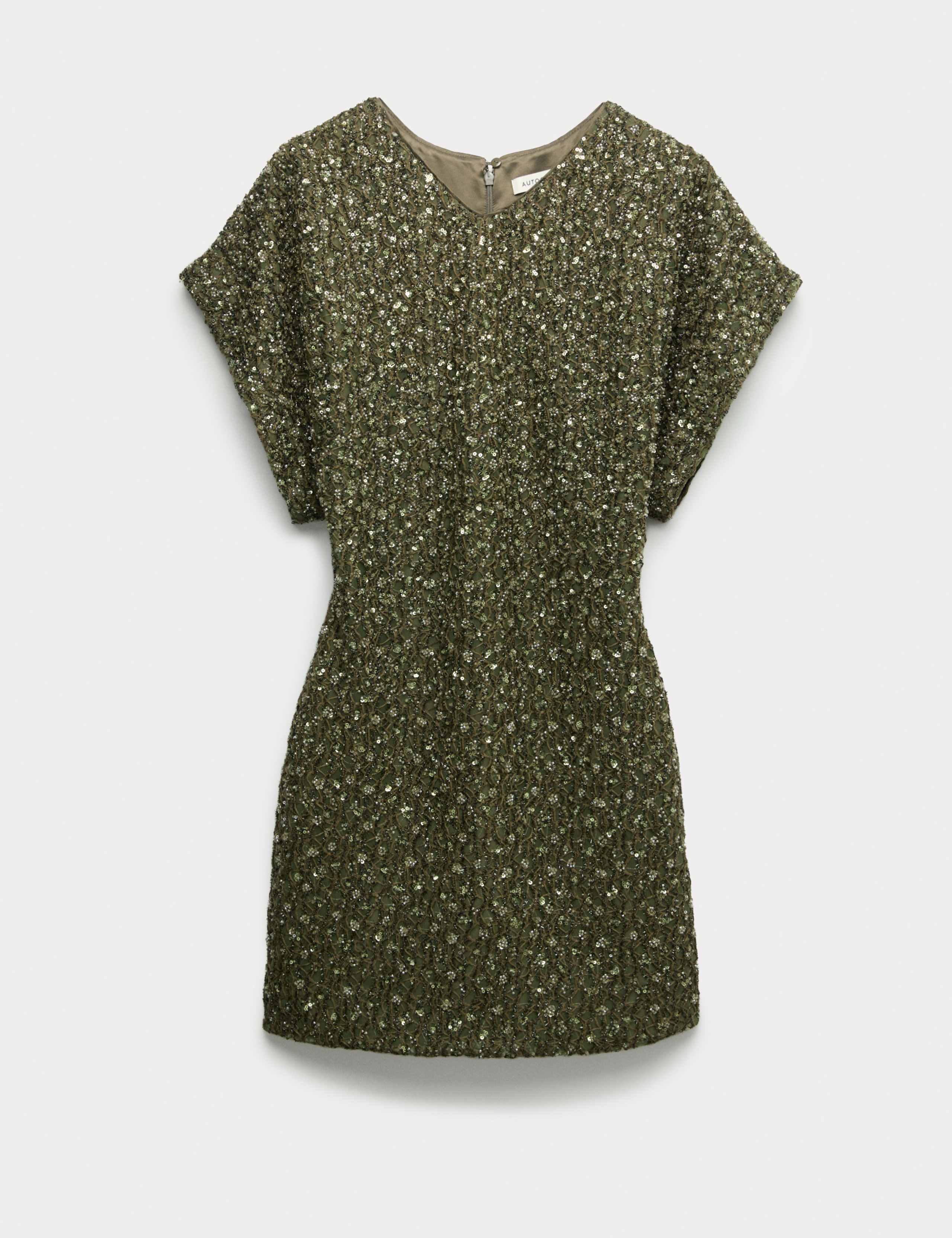 Beaded V-Neck Mini Fitted Shift Dress