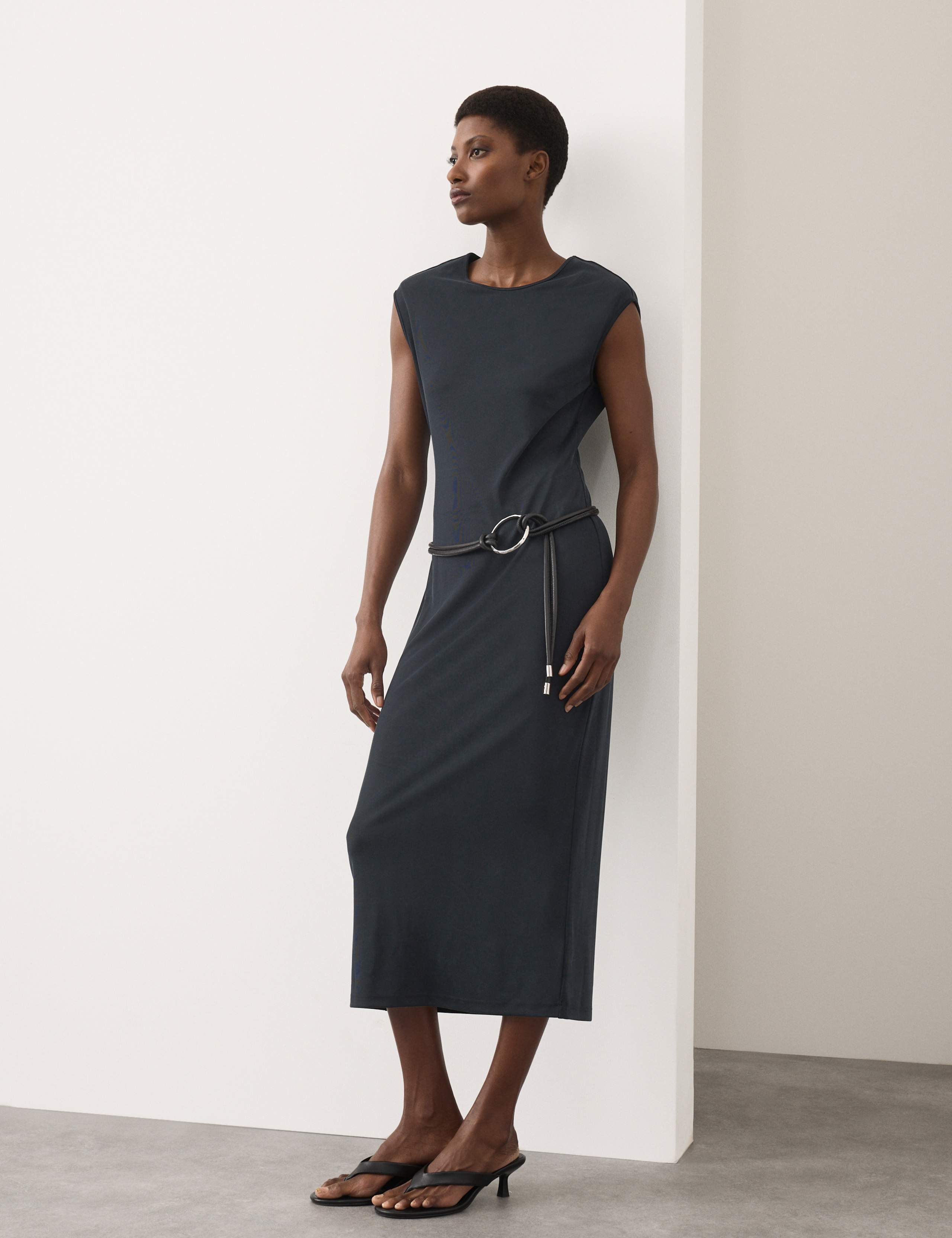 Ribbed Jersey Shoulder Pad Midaxi Dress