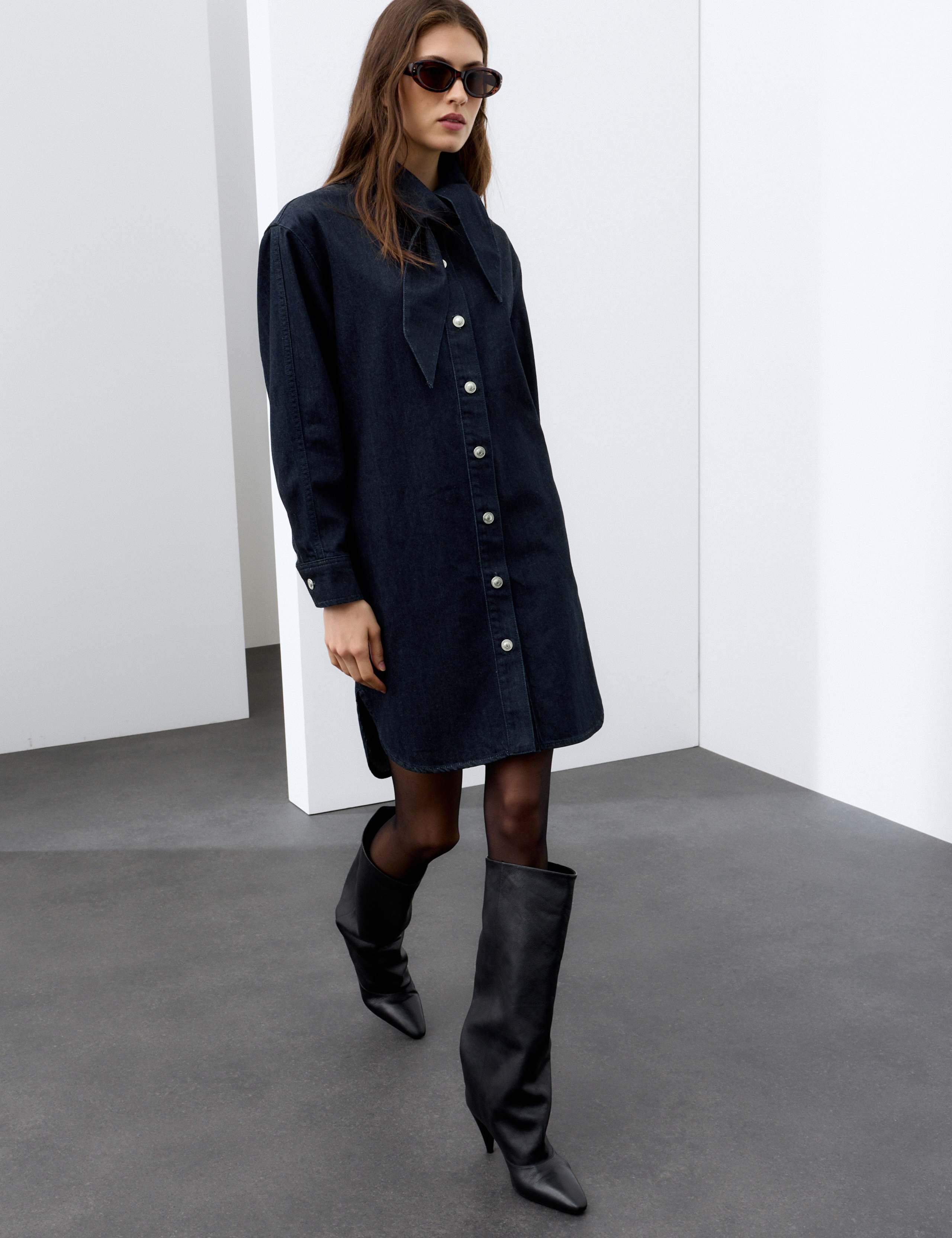 Denim Tie Neck Mini Shirt Dress