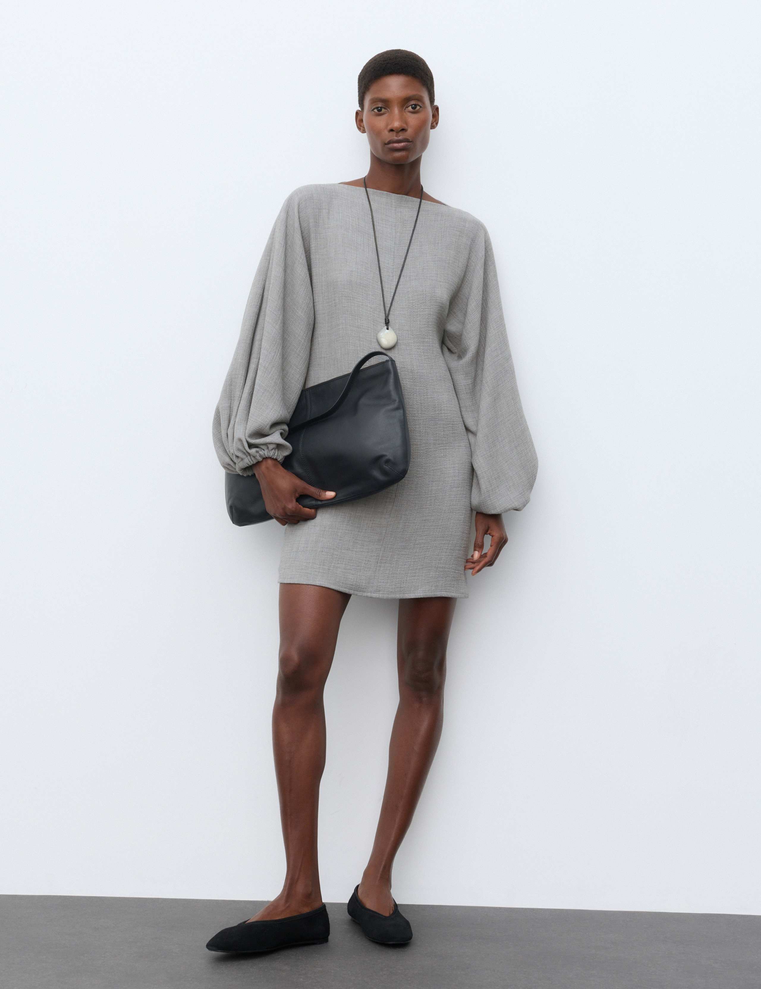 Textured Blouson Sleeve Mini Shift Dress