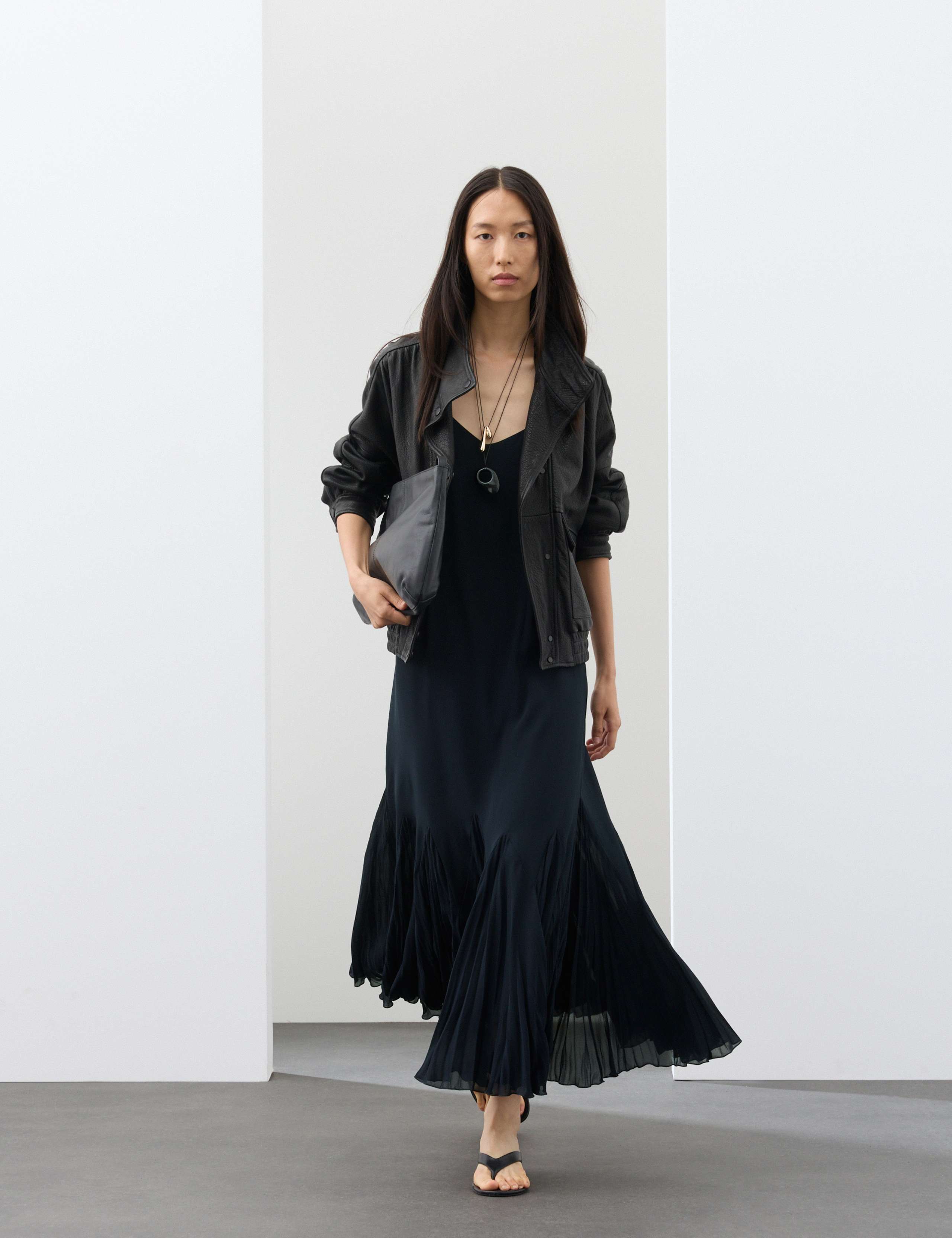 V-Neck Pleat Detail Maxi Slip Dress