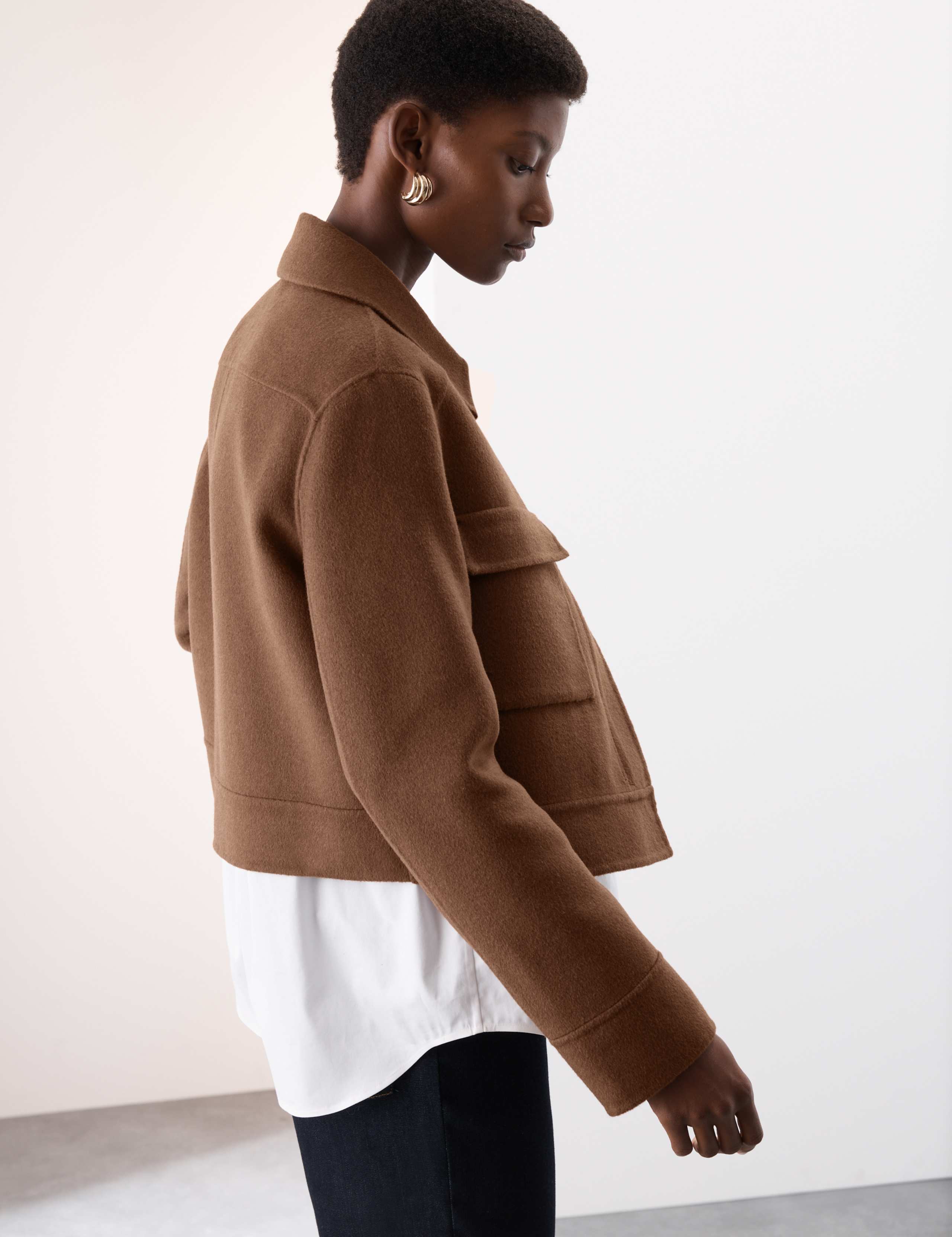 Wool Blend Collared Cropped Utility Jacket