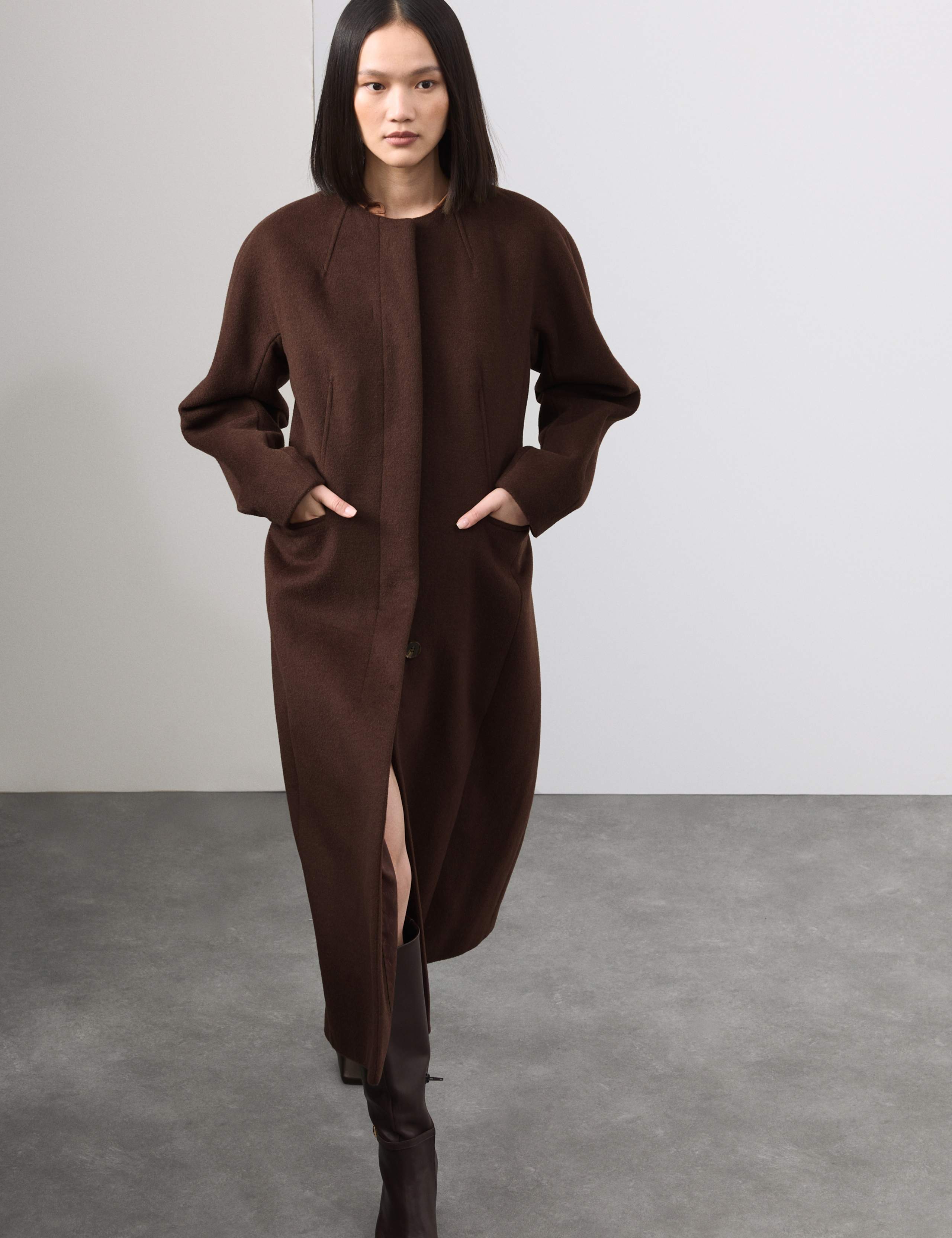Wool Blend Collarless Longline Coat