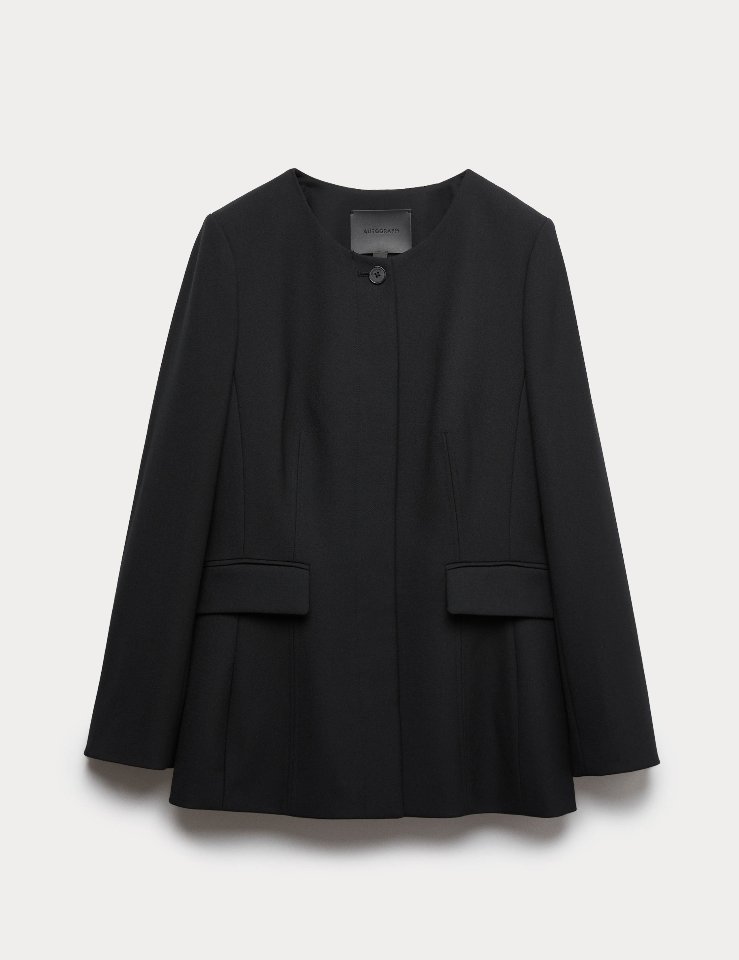 Collarless Longline Blazer with Wool