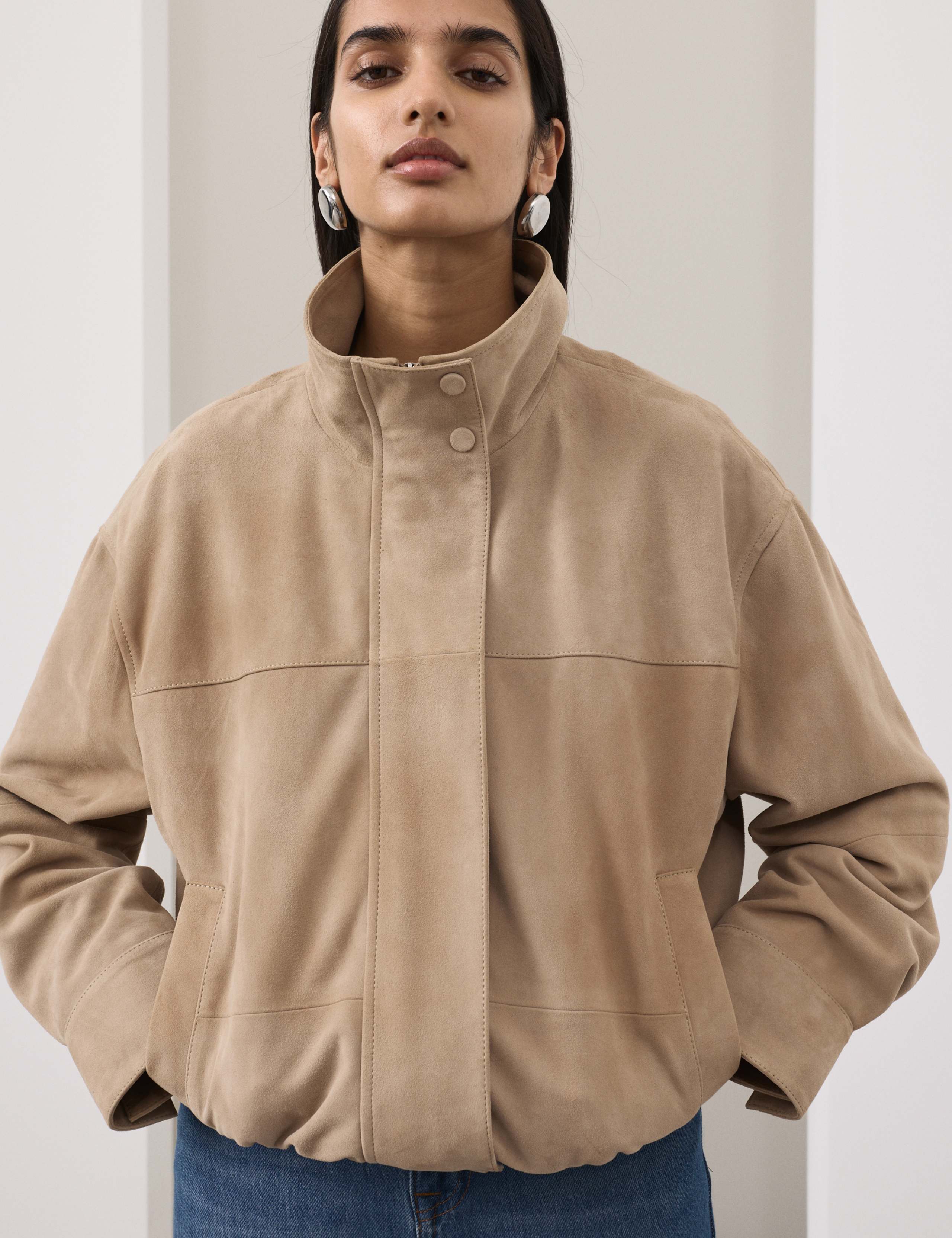 Suede Funnel Neck Blouson Jacket