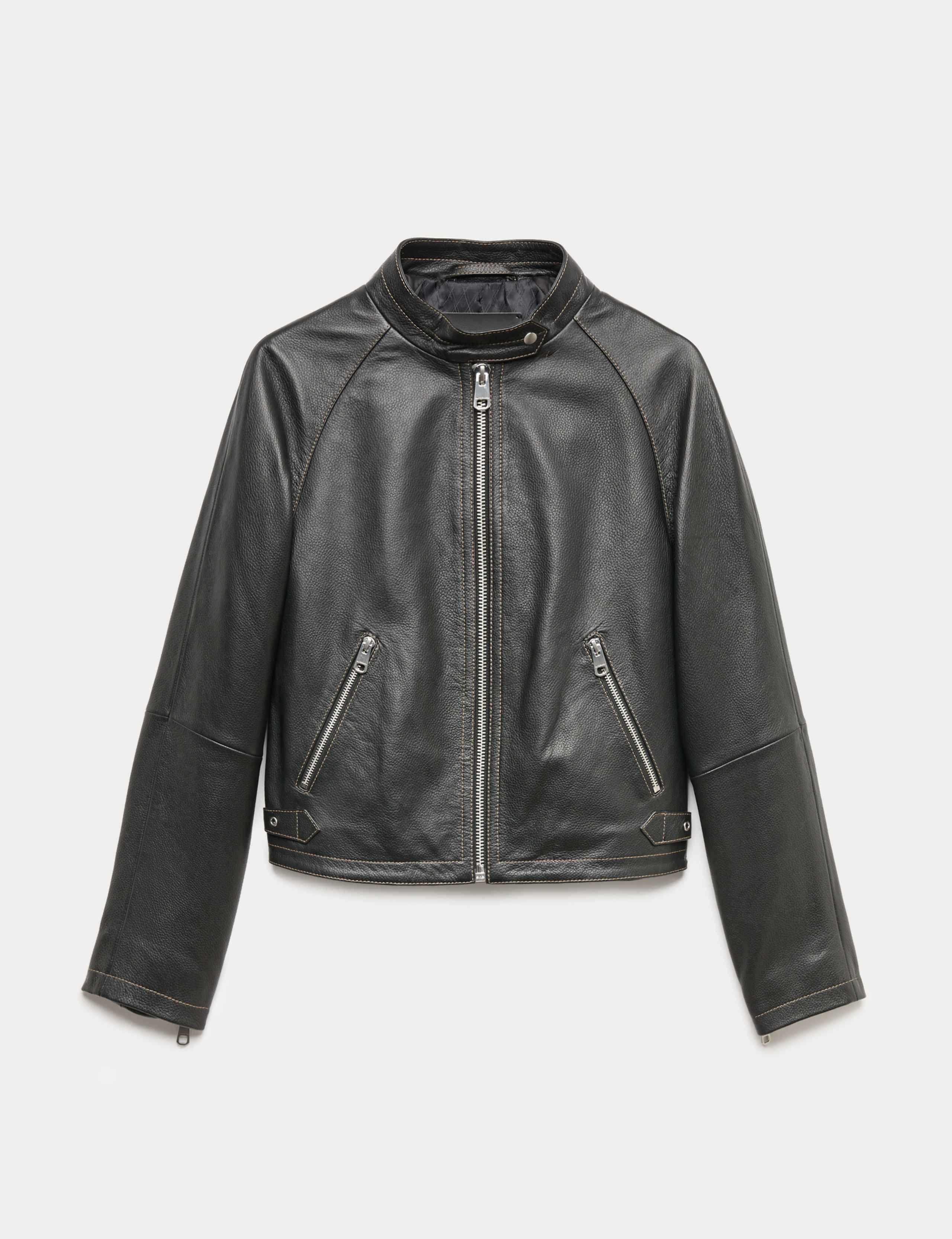 Leather Collarless Cropped Biker Jacket