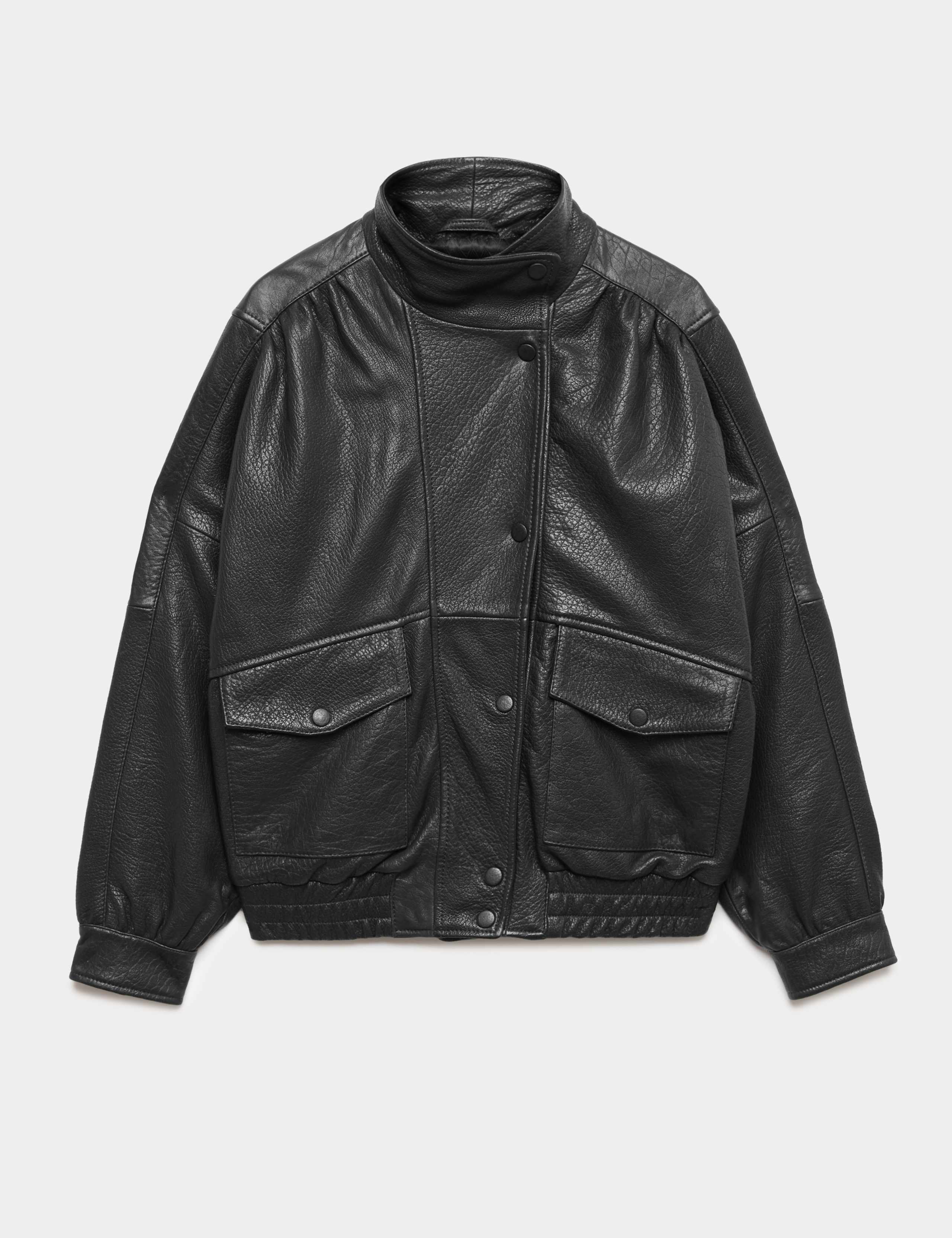 Leather Funnel Neck Bomber Jacket