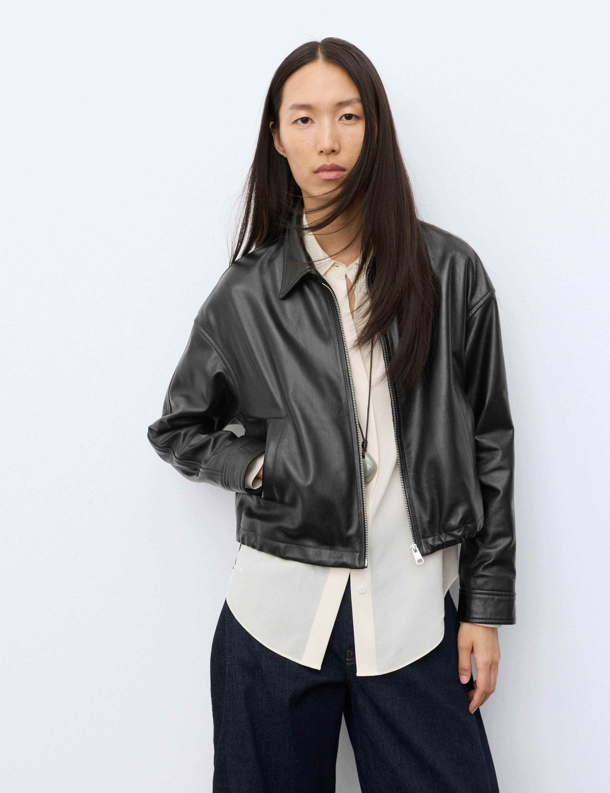 Leather High Shine Collared Cropped Biker Jacket