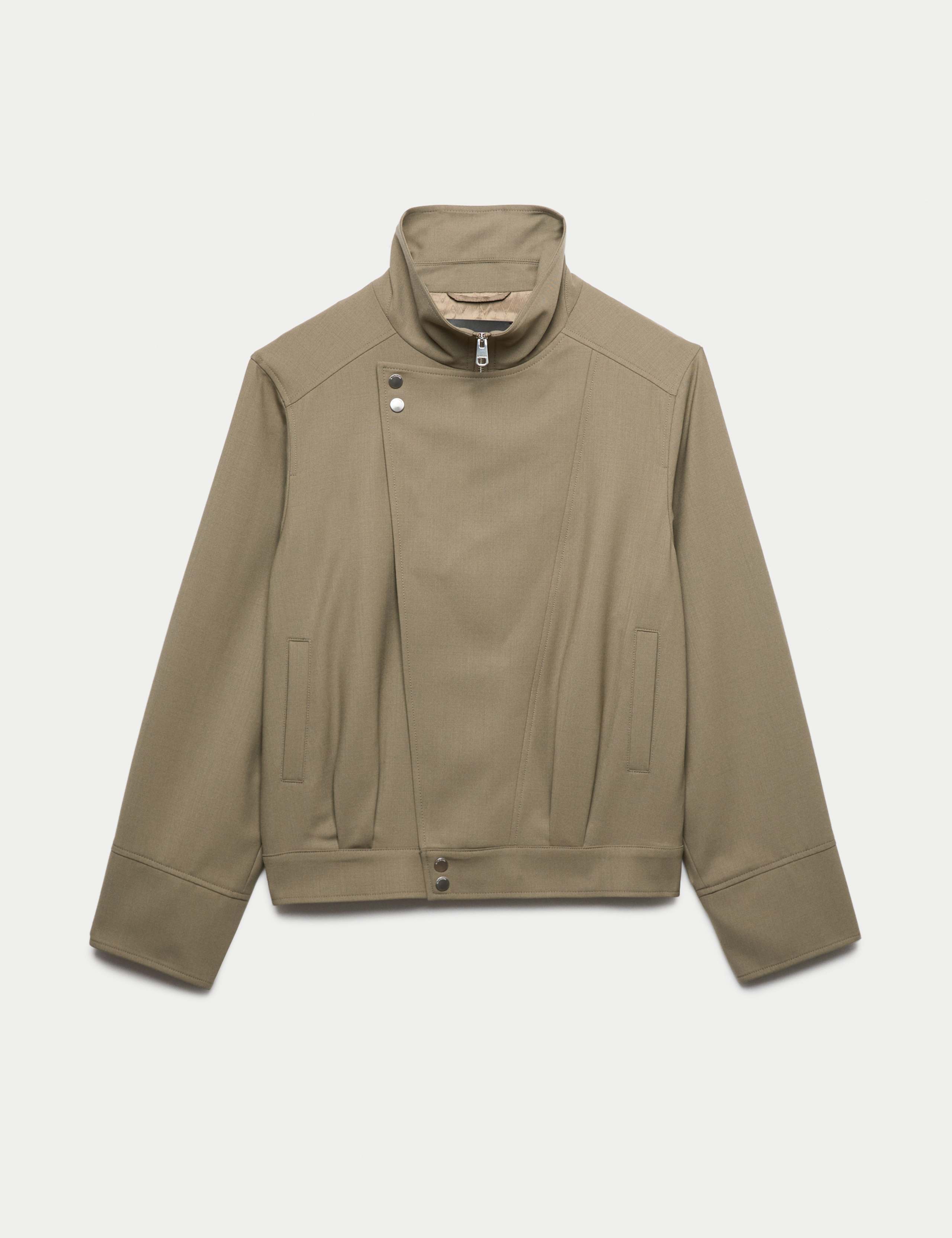 Wool Blend Funnel Neck Tailored Bomber Jacket