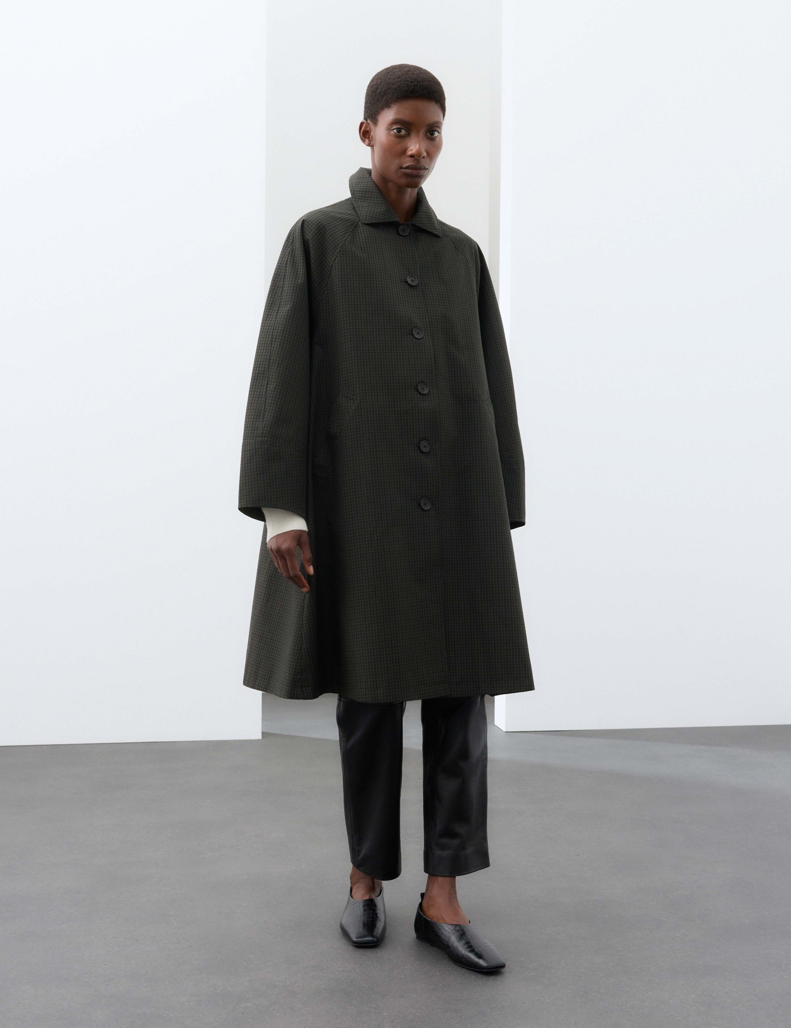 Pure Cotton Checked Collared Longline Car Coat