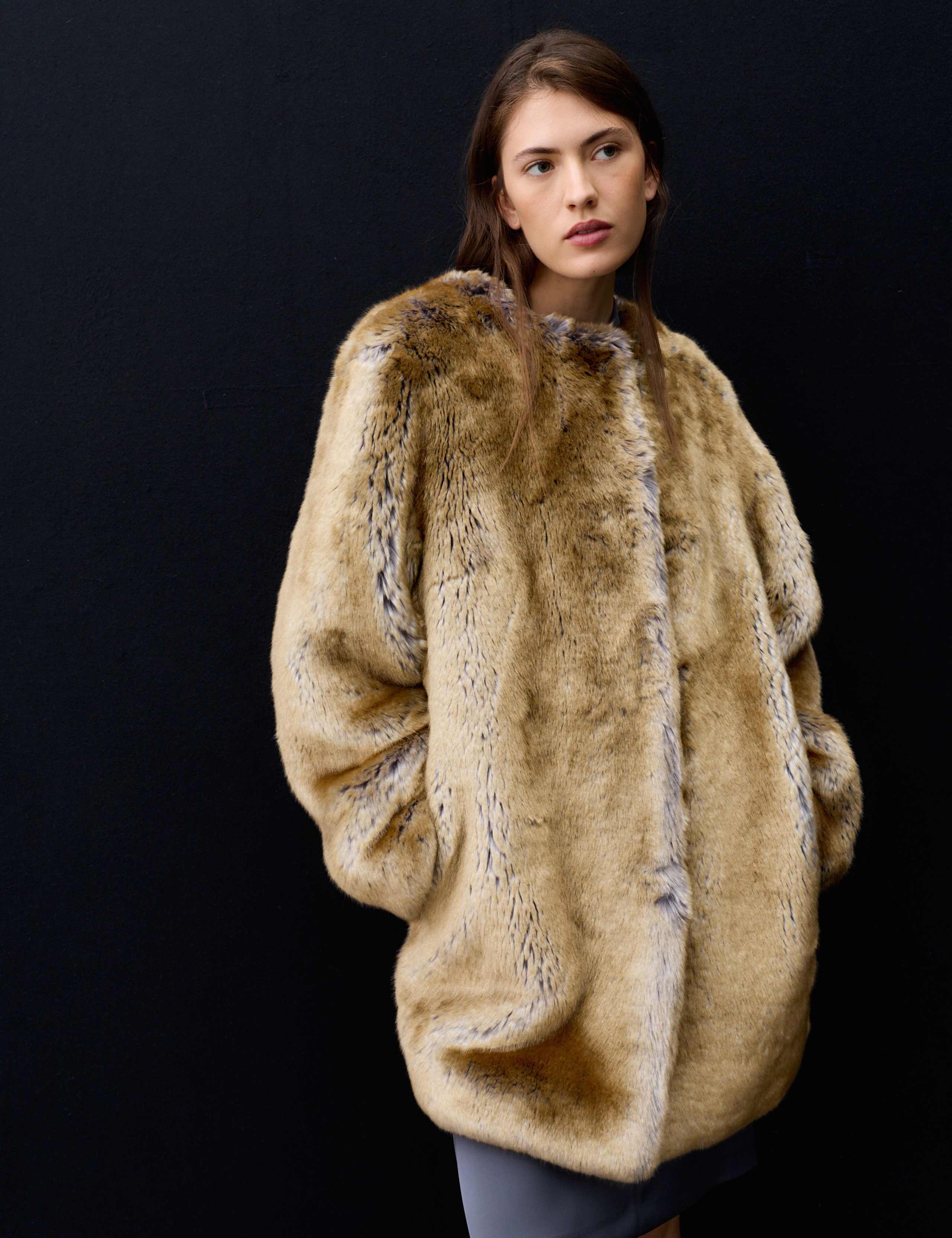 Faux Fur Collarless Longline Coat