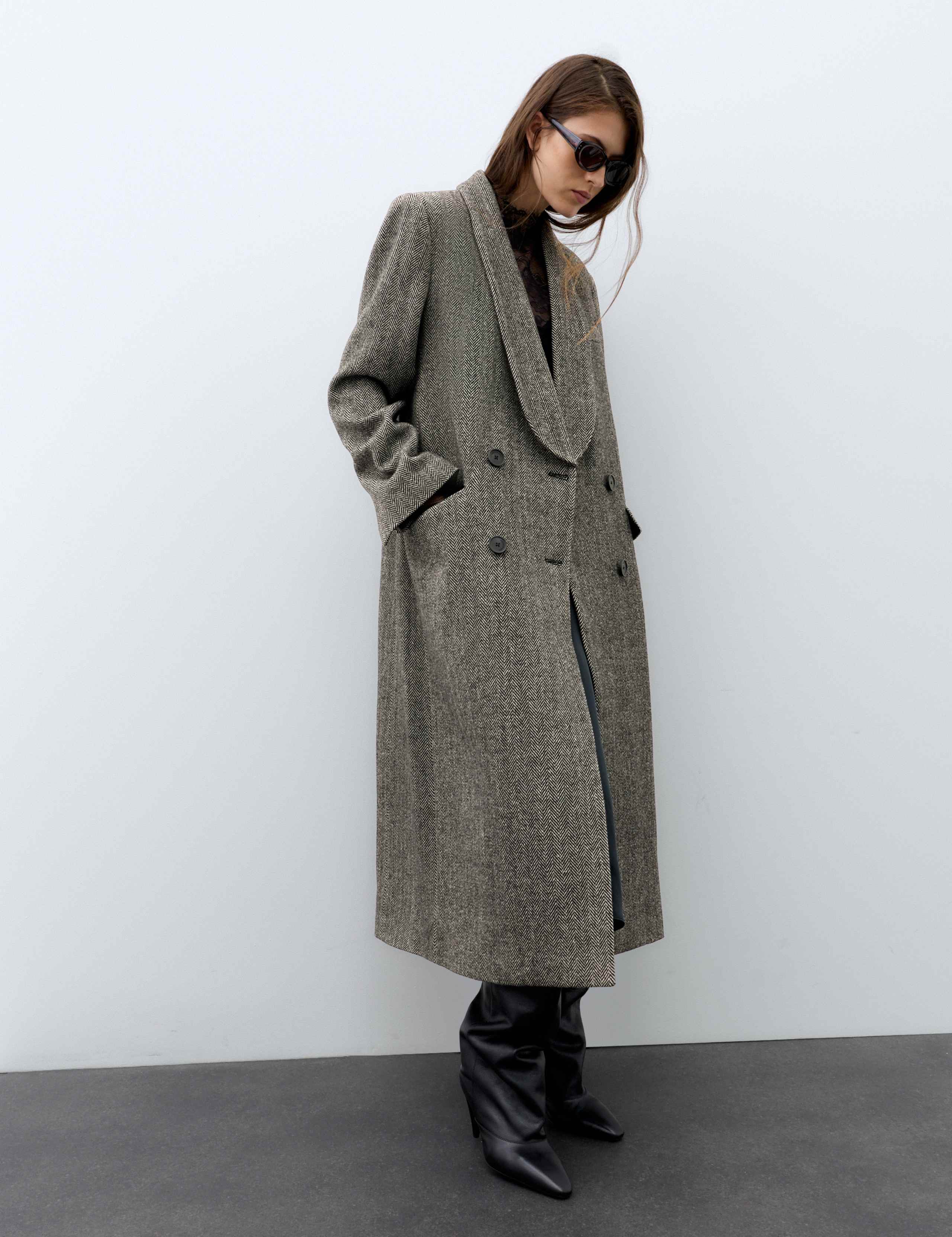 Wool Blend Herringbone Longline Tailored Coat