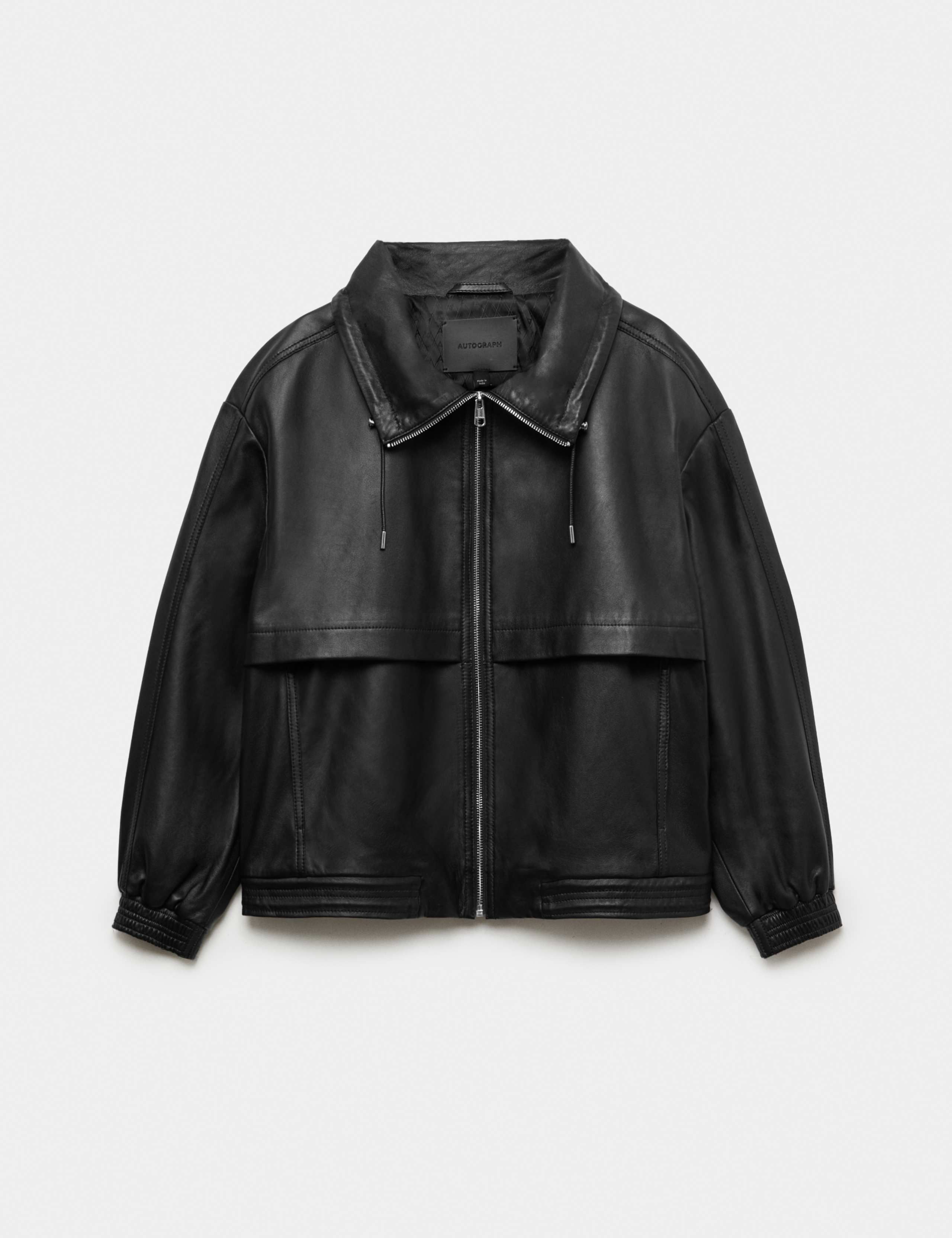 Leather Funnel Neck Bomber Jacket