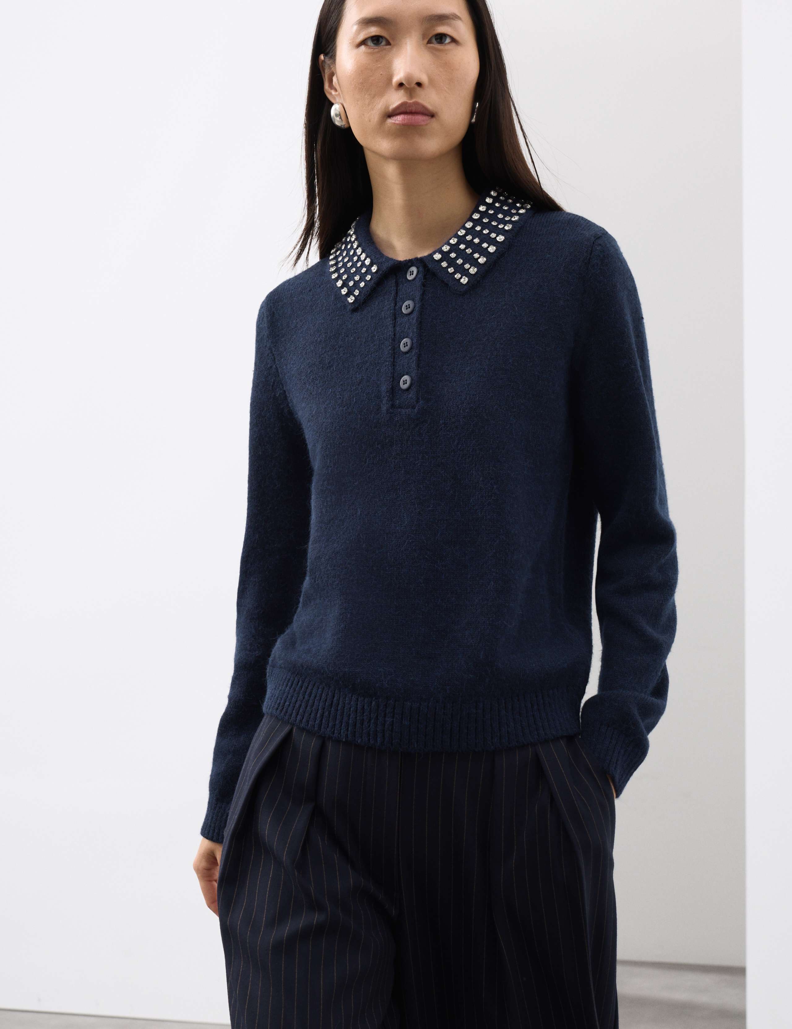 Embellished Polo Jumper with Wool