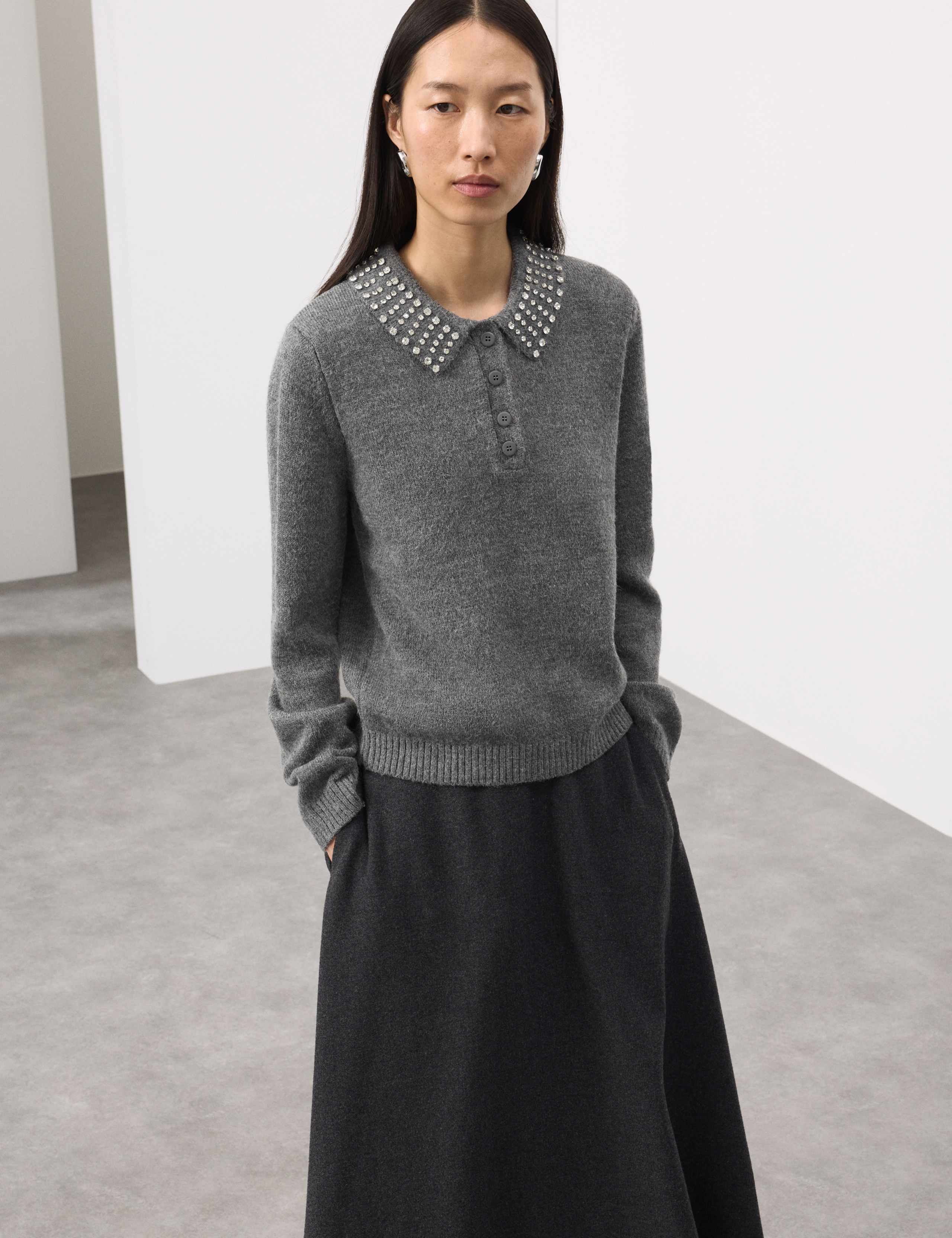 Embellished Polo Jumper with Wool