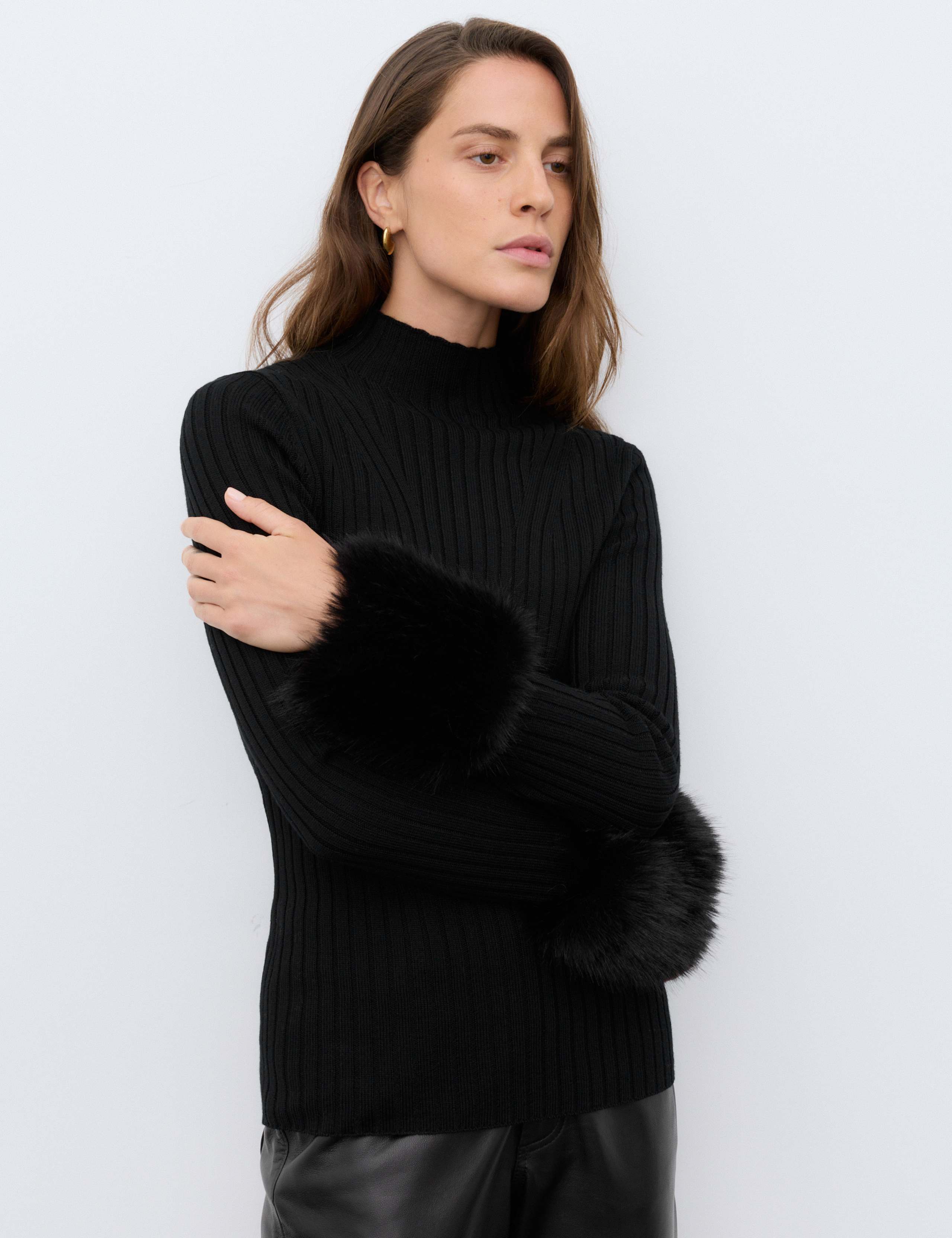 Pure Merino Wool Ribbed High Neck Fur Trim Jumper