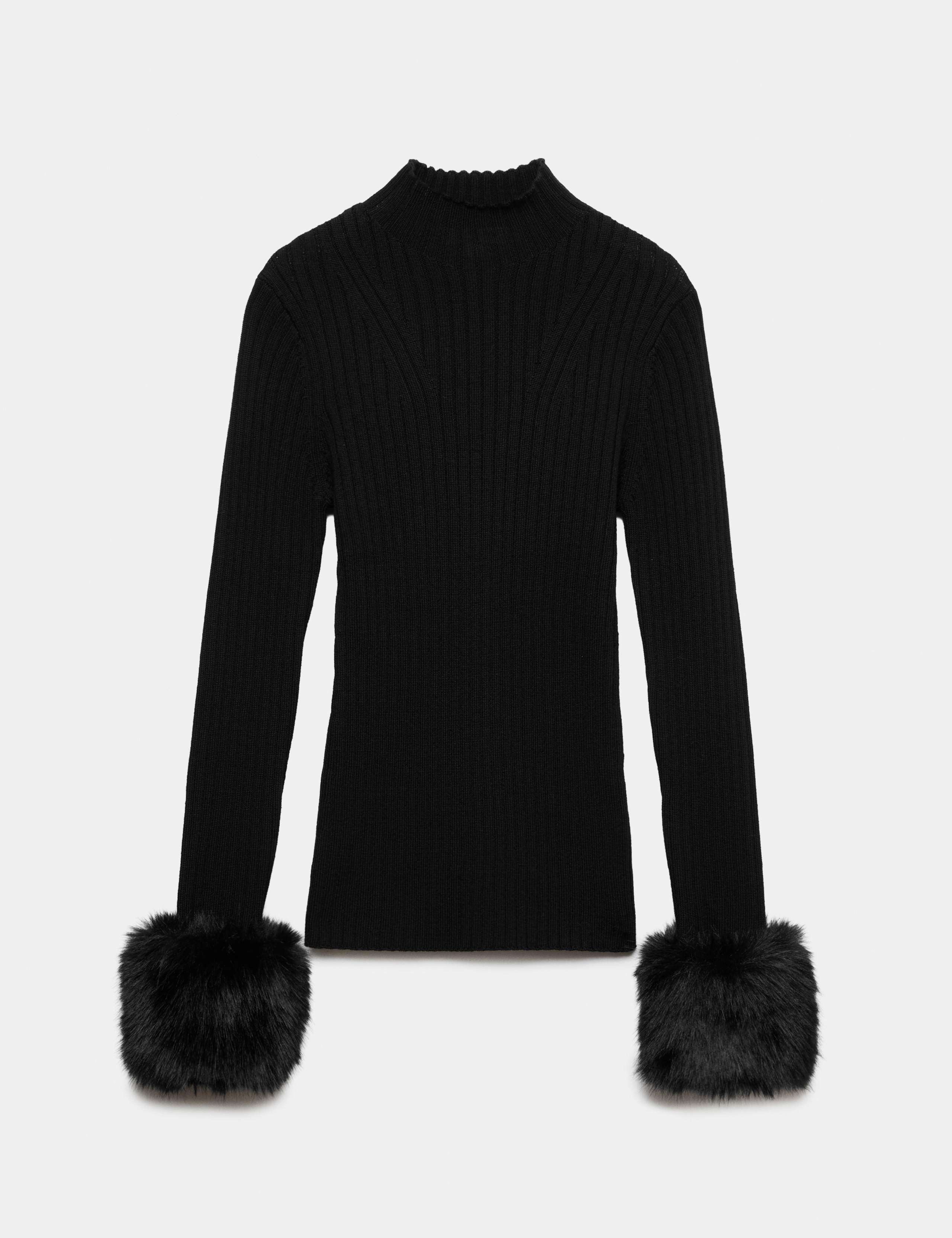 Pure Merino Wool Ribbed High Neck Fur Trim Jumper