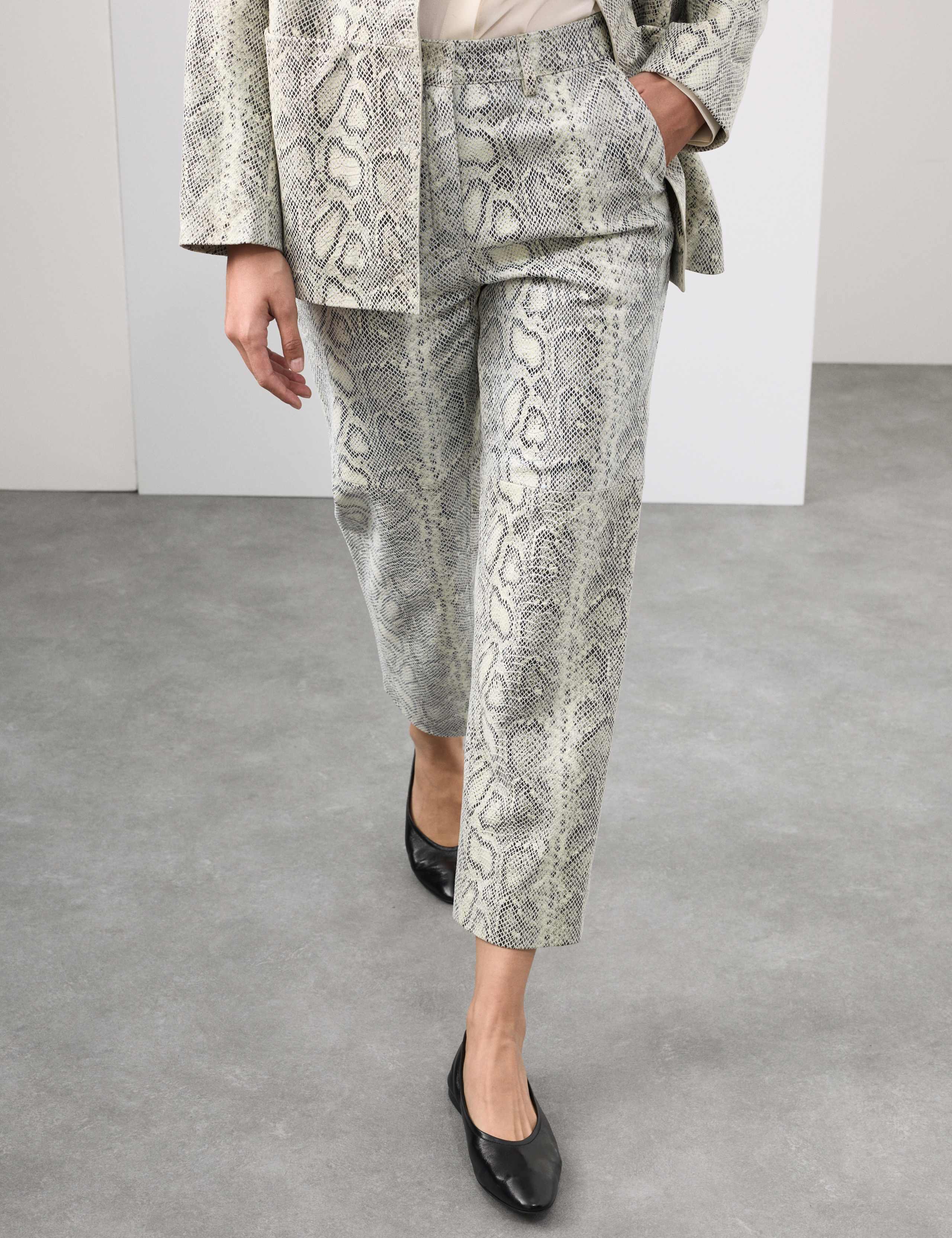 Leather Snakeskin Print Straight Leg Trousers