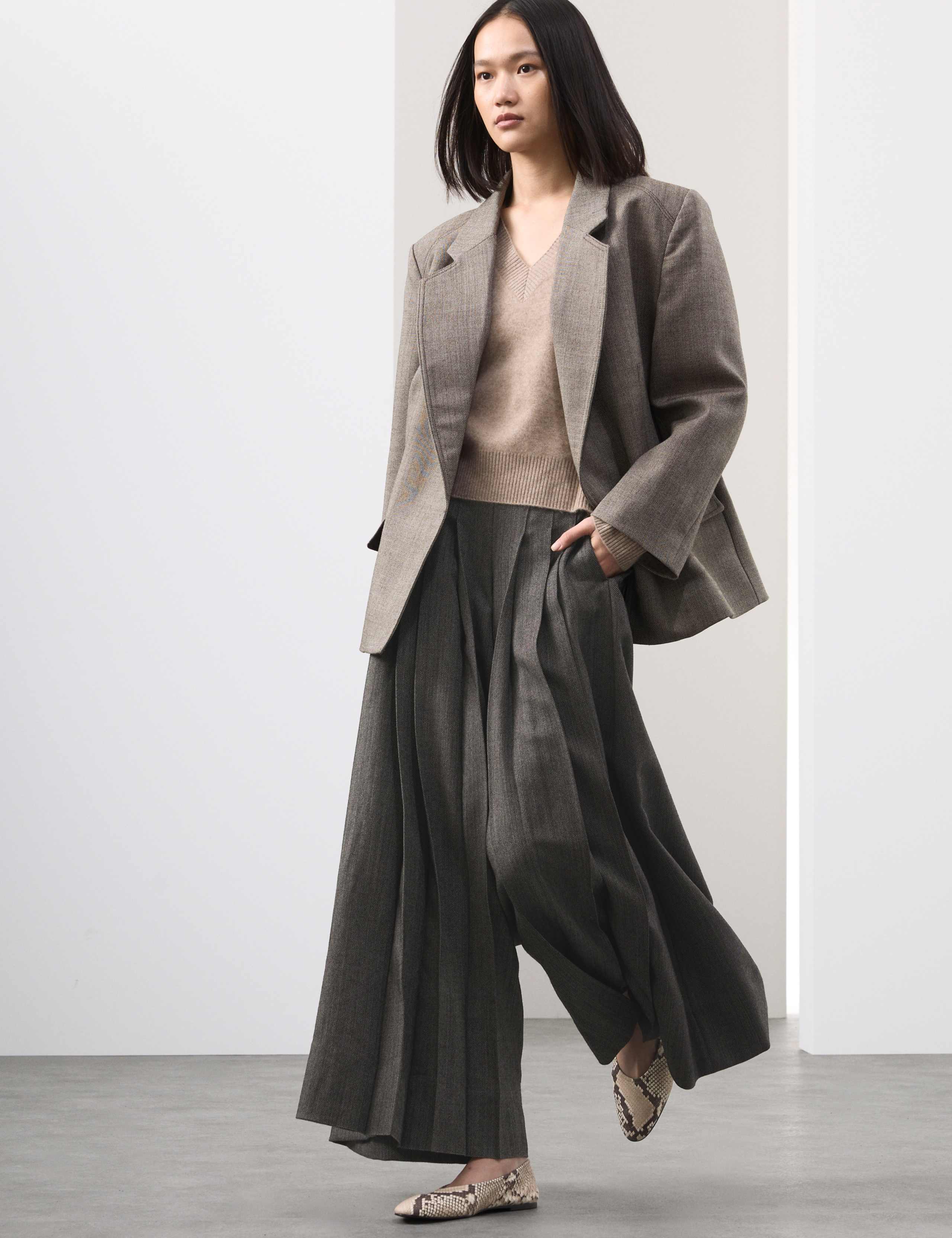 Pure Wool Pleated Wide Leg Trousers