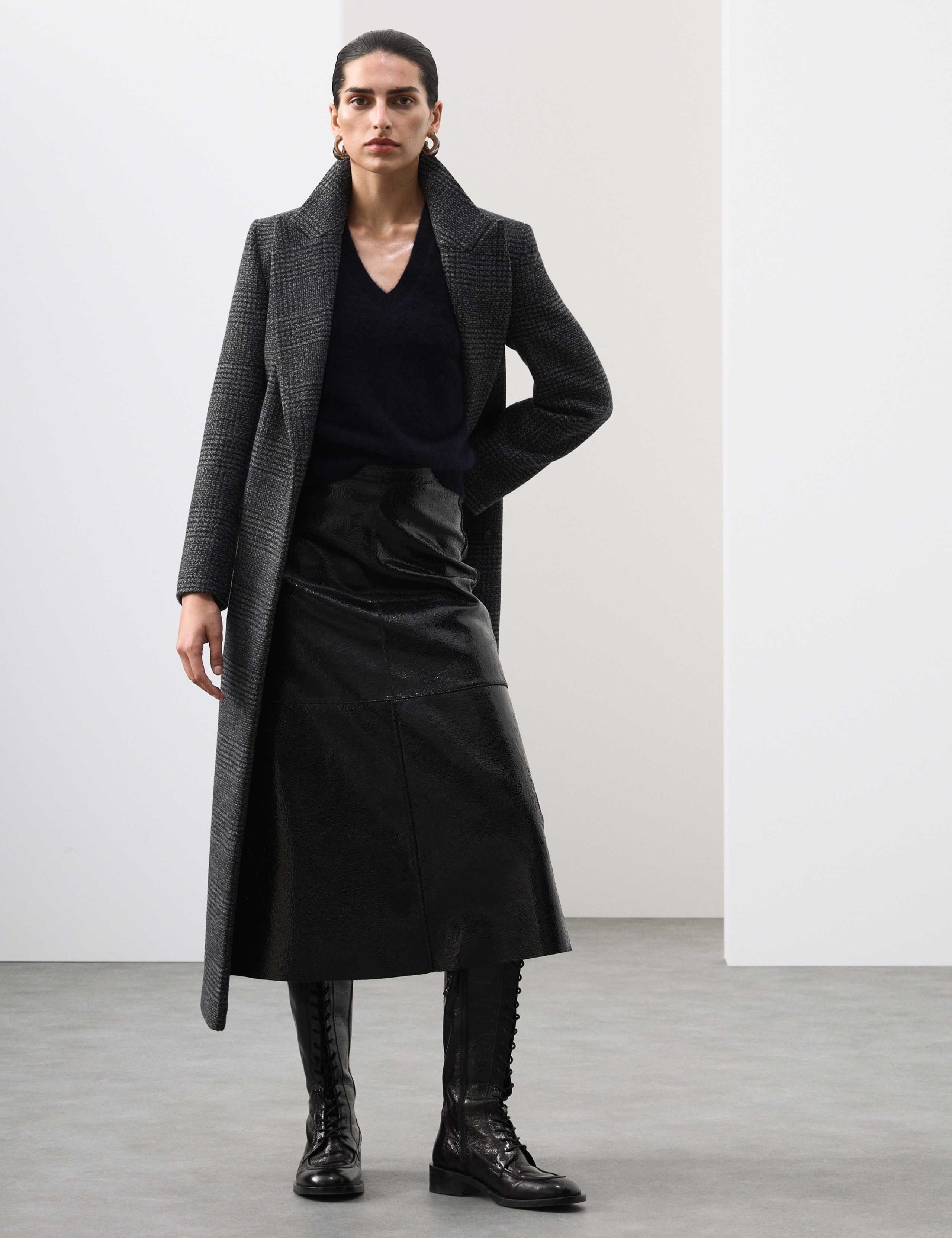 Leather Patent Textured Midi A-Line Skirt