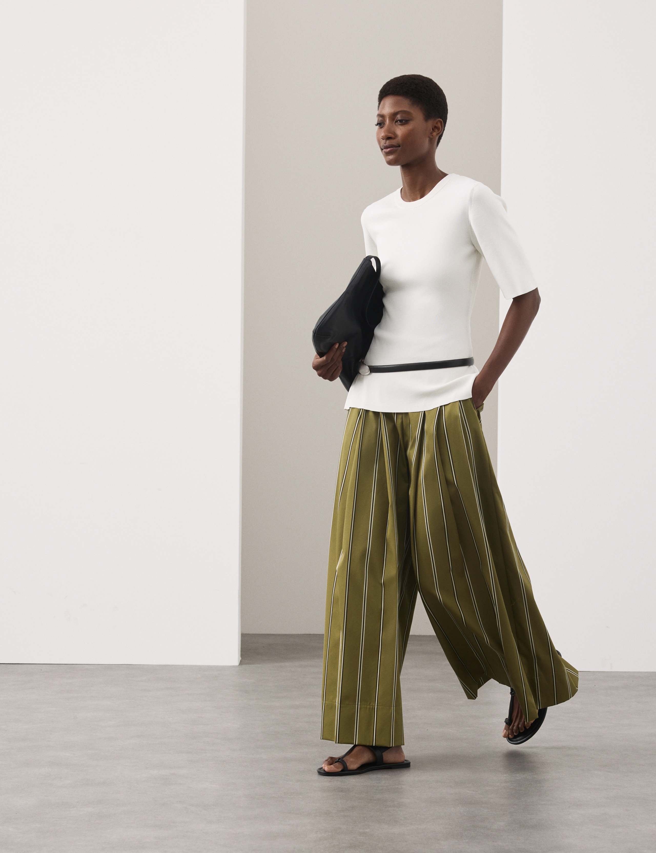 Striped Pleat Front Wide Leg Trousers