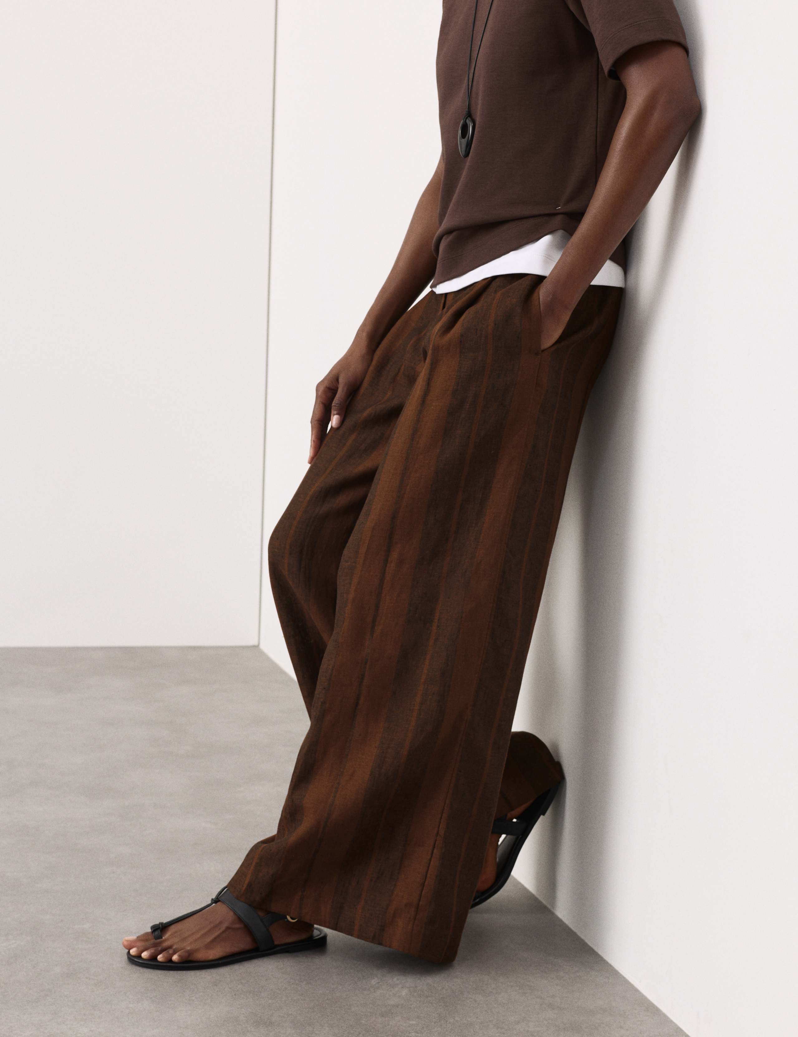 Pure Flax Linen Striped Wide Leg Trousers