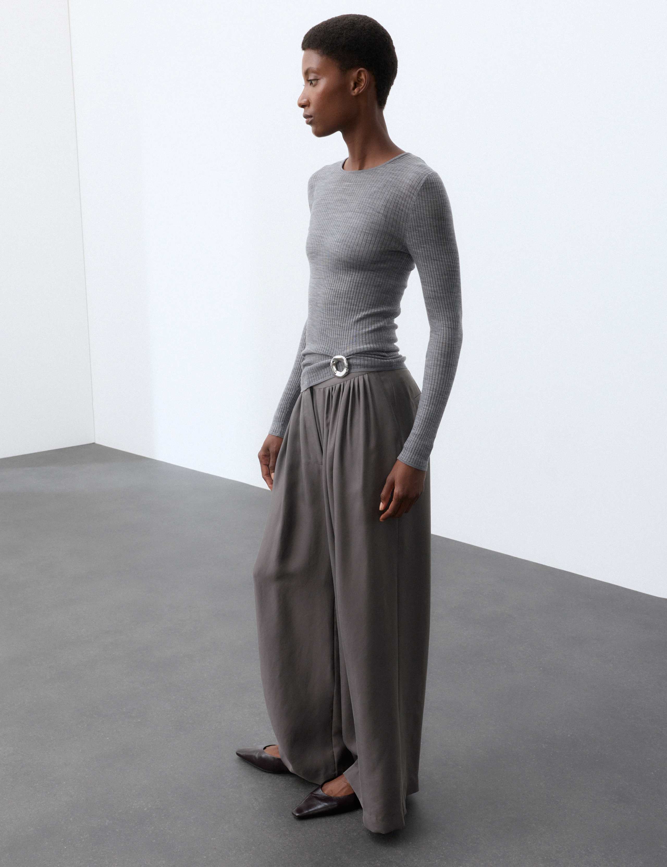 Pure Silk Gathered Waist Wide Leg Trousers