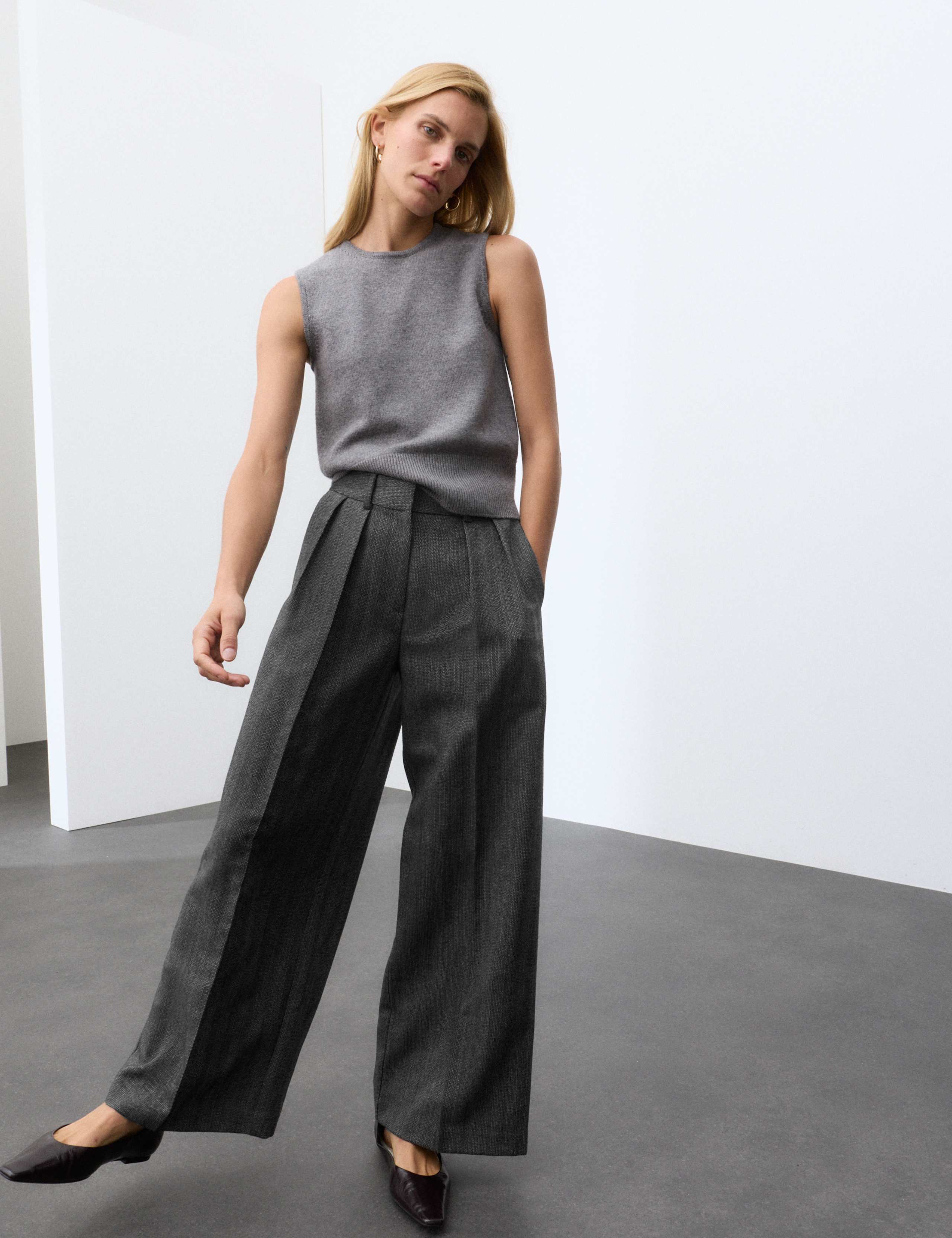 Pure Wool Herringbone Wide Leg Trousers