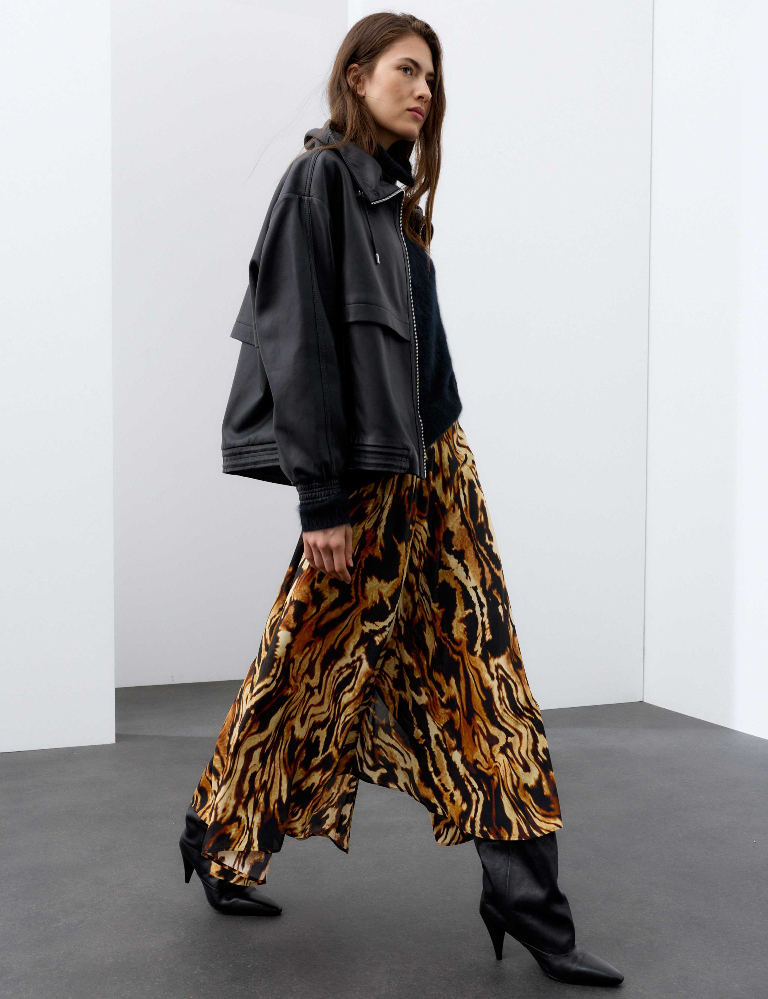 Animal Print Asymmetric Midi Skirt with Silk
