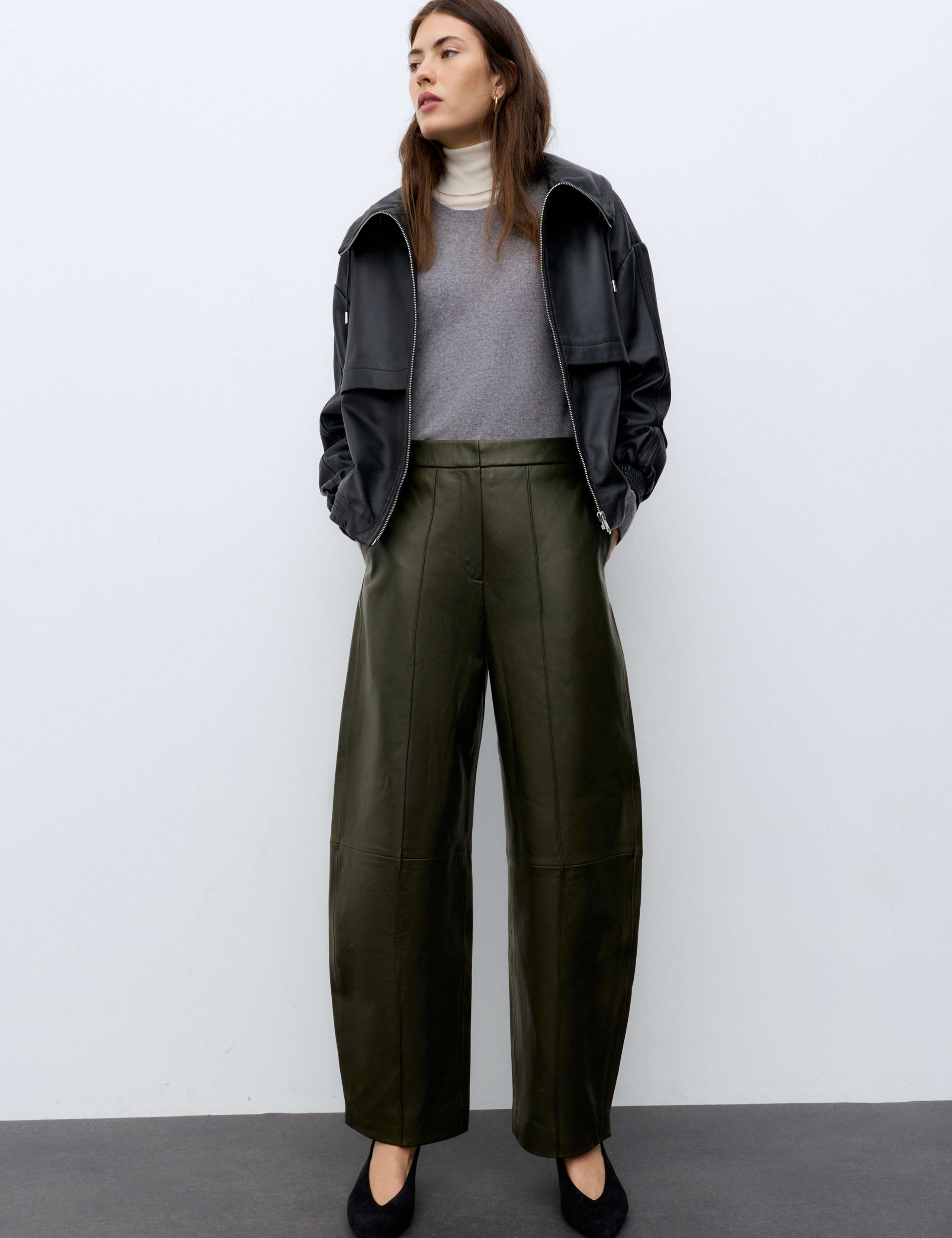 Leather Seam Detail Barrel Leg Cropped Trousers