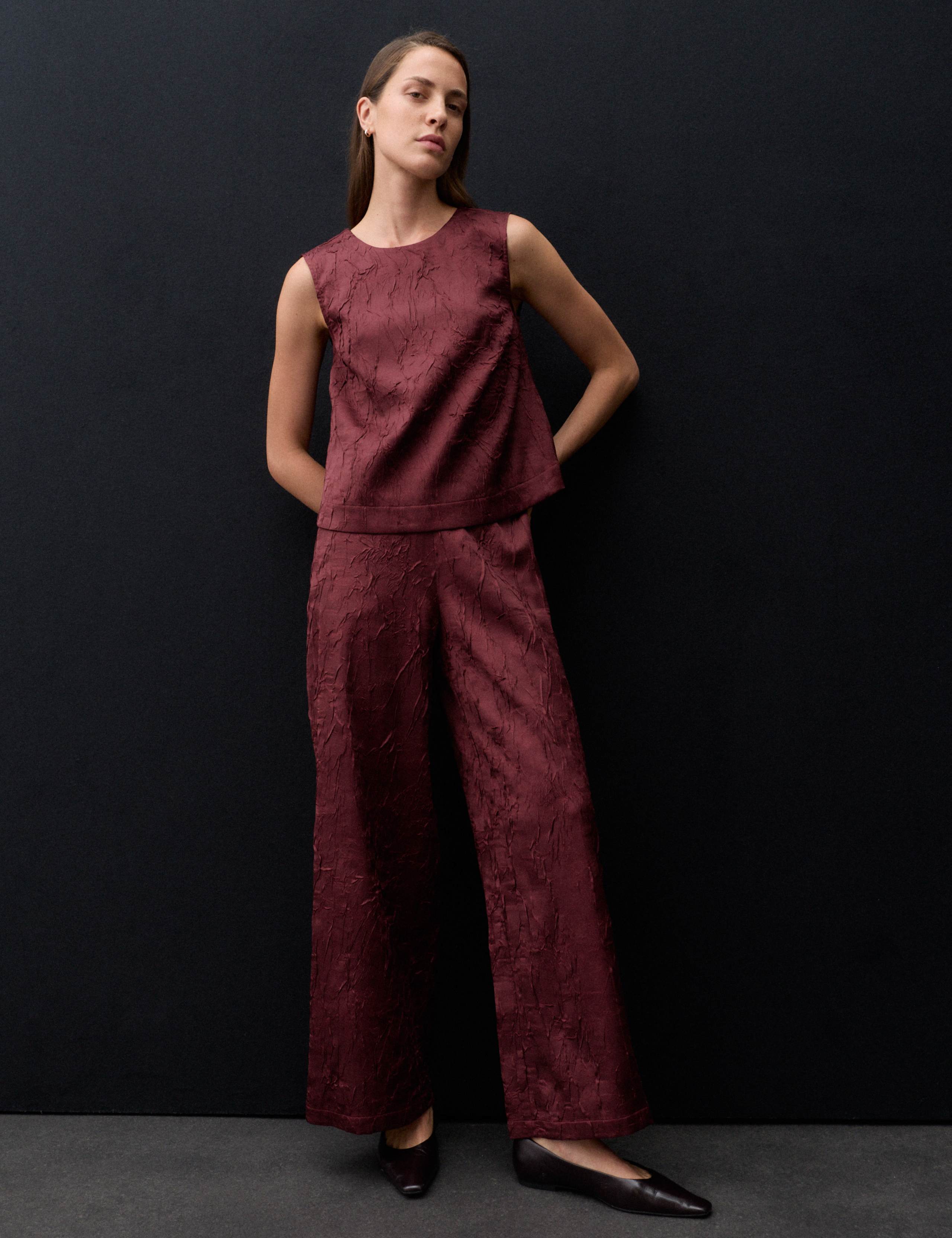 Satin Textured High Waisted Wide Leg Trousers