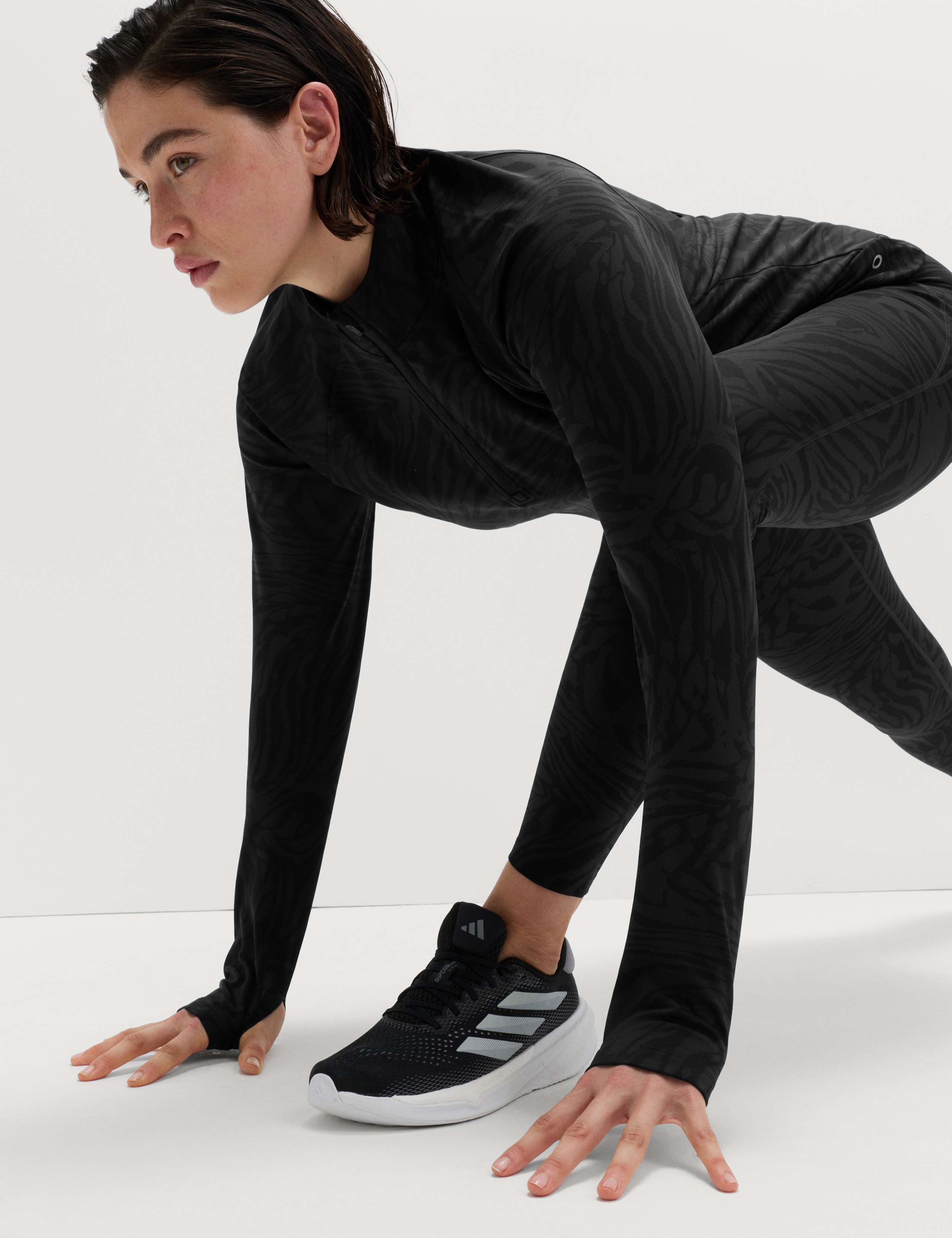 Thermal Jacquard Animal Print Half Zip Fitted Top