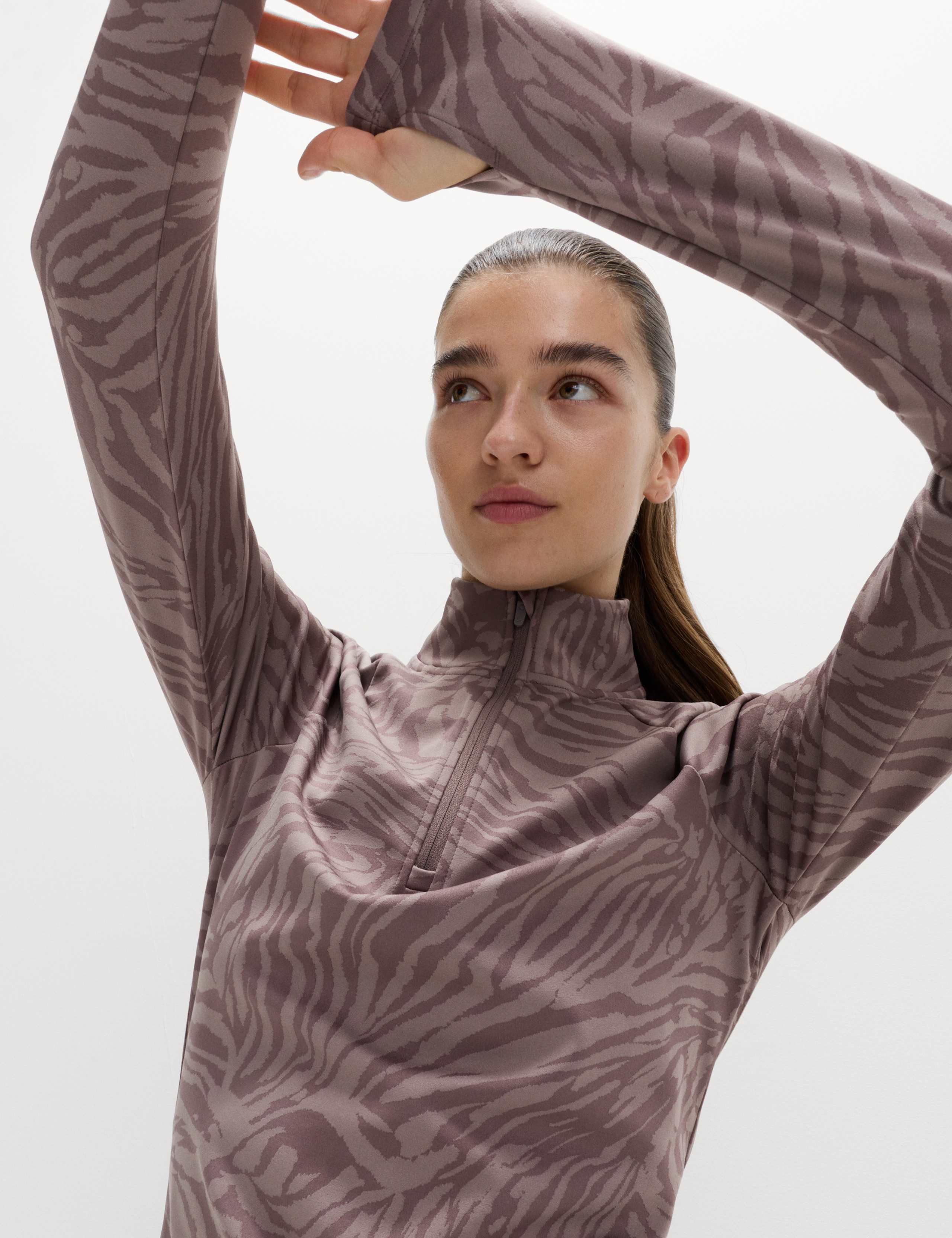 Thermal Jacquard Animal Print Half Zip Fitted Top