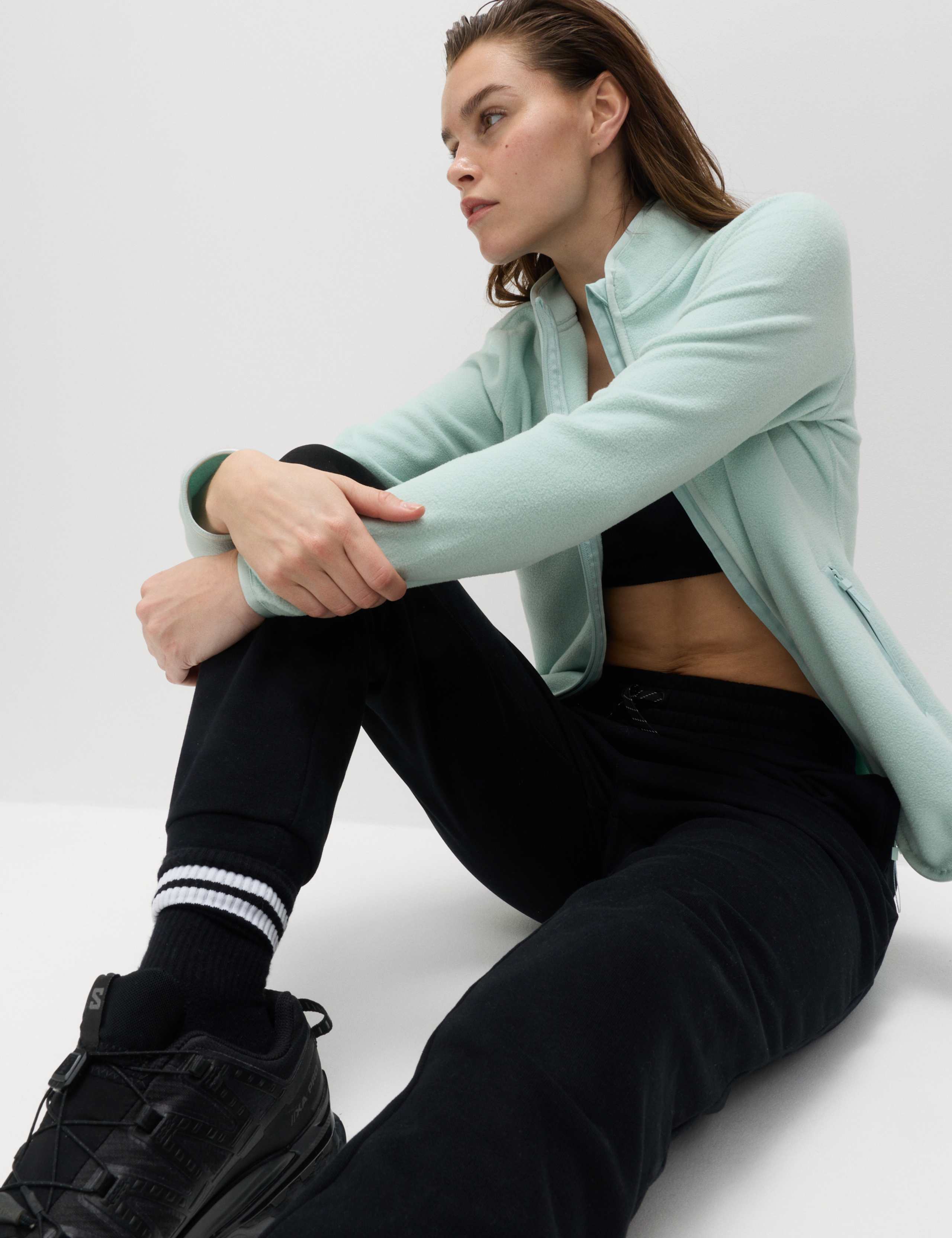 Funnel Neck Zip Up Fitted Fleece Jacket