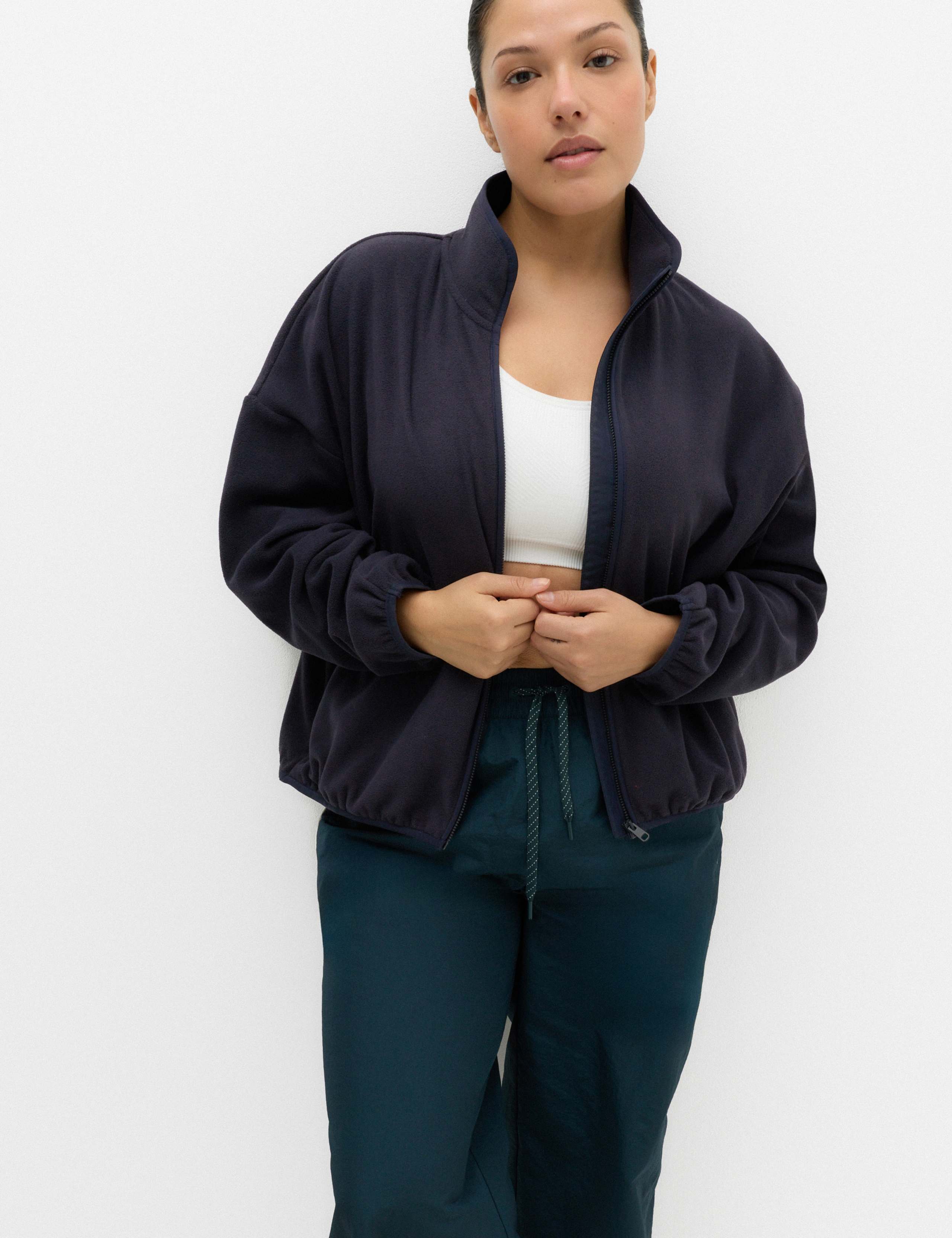 Zip Up Funnel Neck Relaxed Fleece Jacket