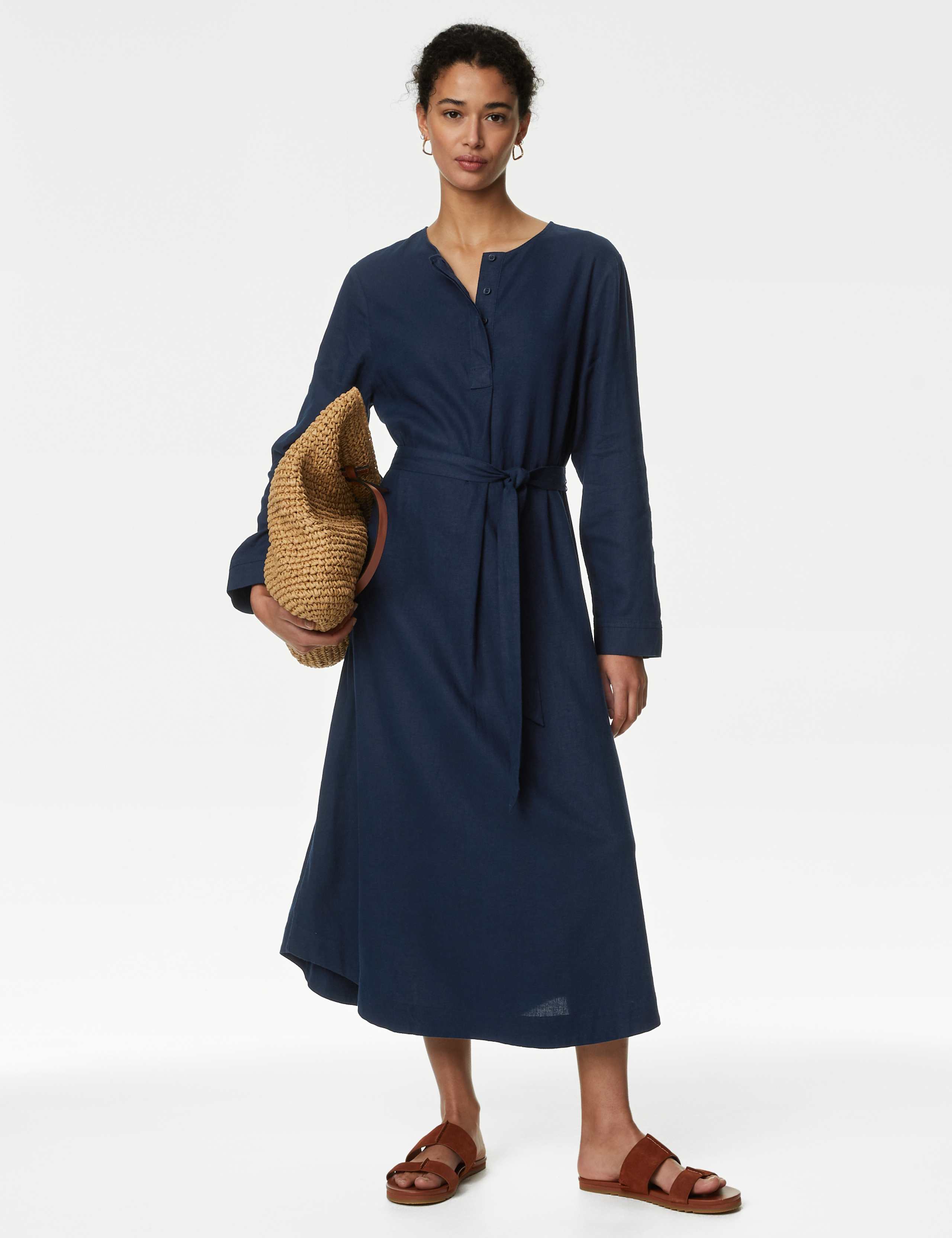 Linen Rich Belted Midi Shift Dress