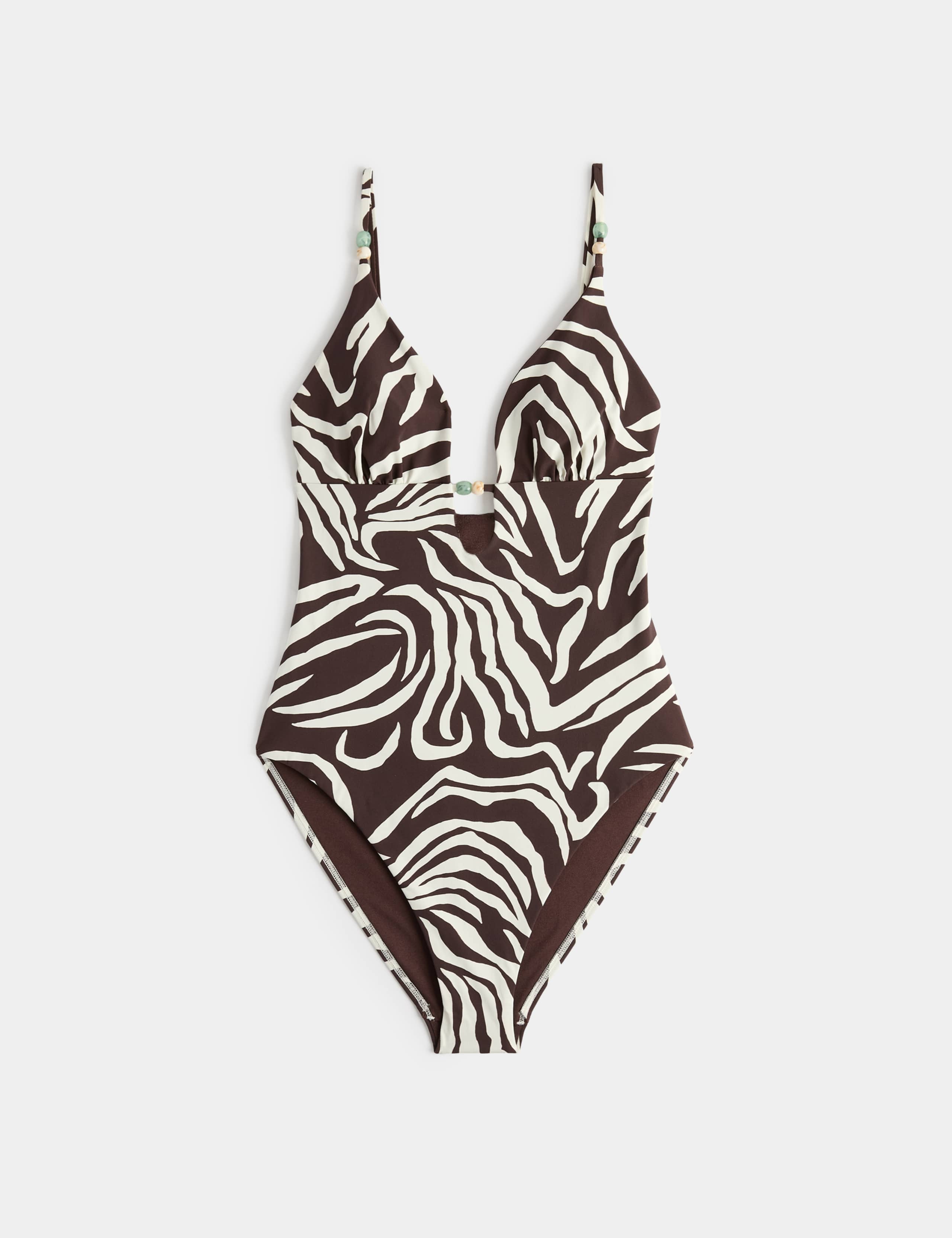 Animal Print Trim Detail Plunge Swimsuit