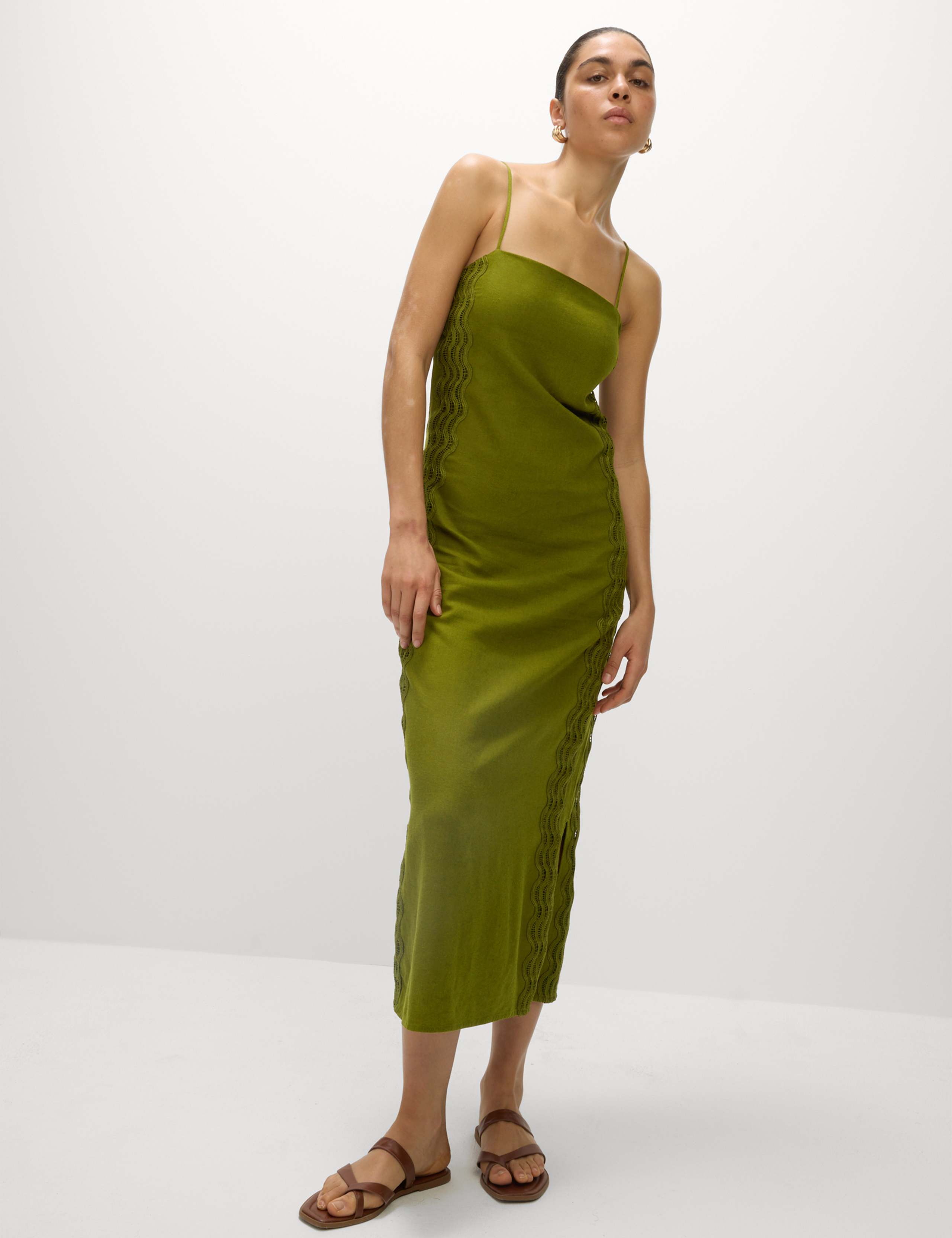 Linen Rich Square Neck Strappy Midi Shift Dress