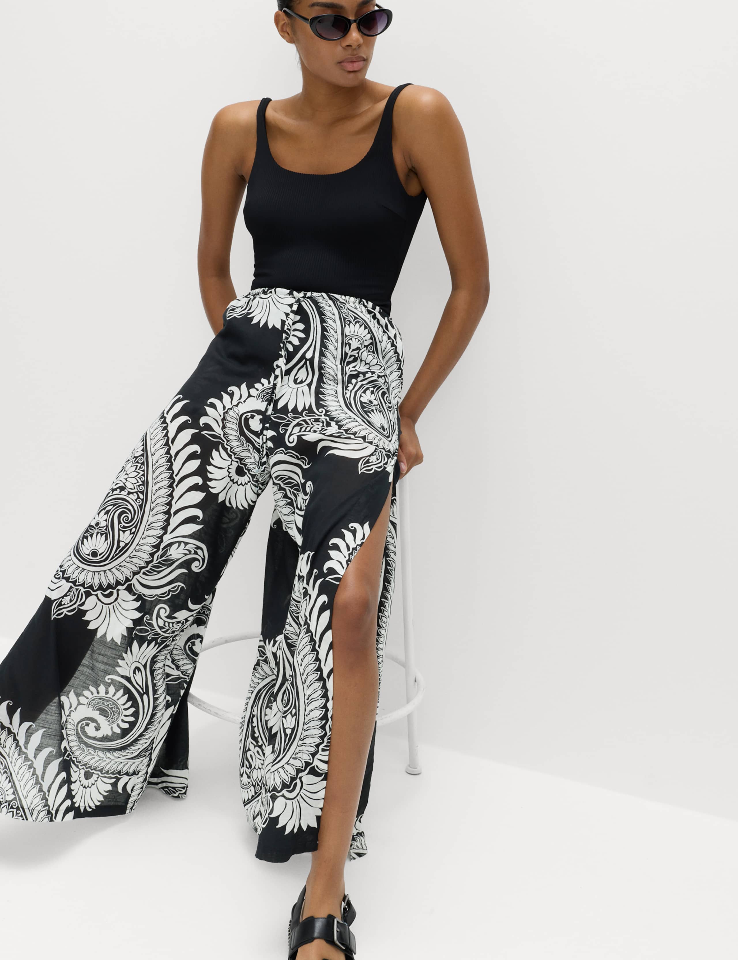 Pure Cotton Floral Elasticated Waist Wide Leg Trousers