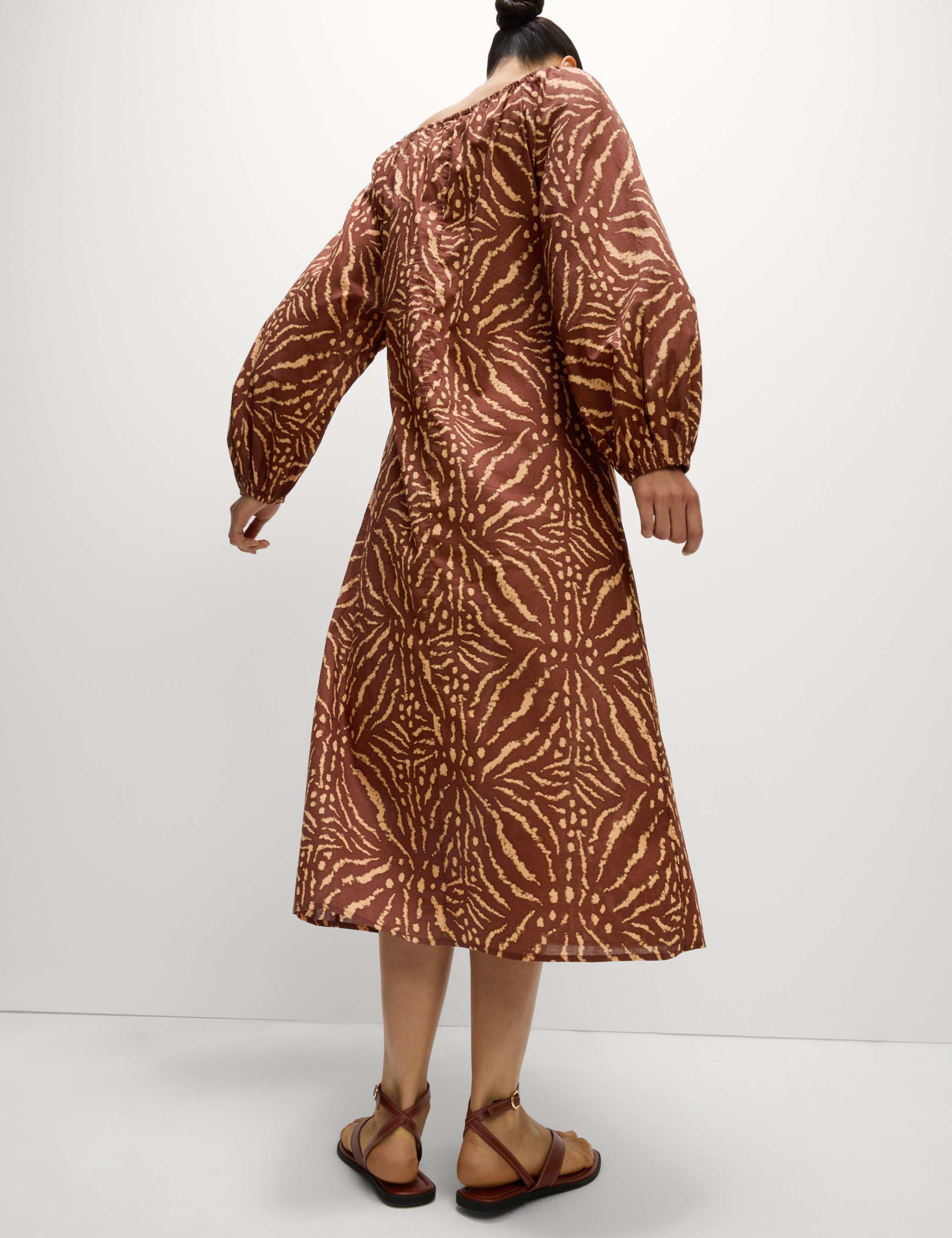 Pure Cotton Printed Tie Neck Puff Sleeve Midaxi Kaftan Dress