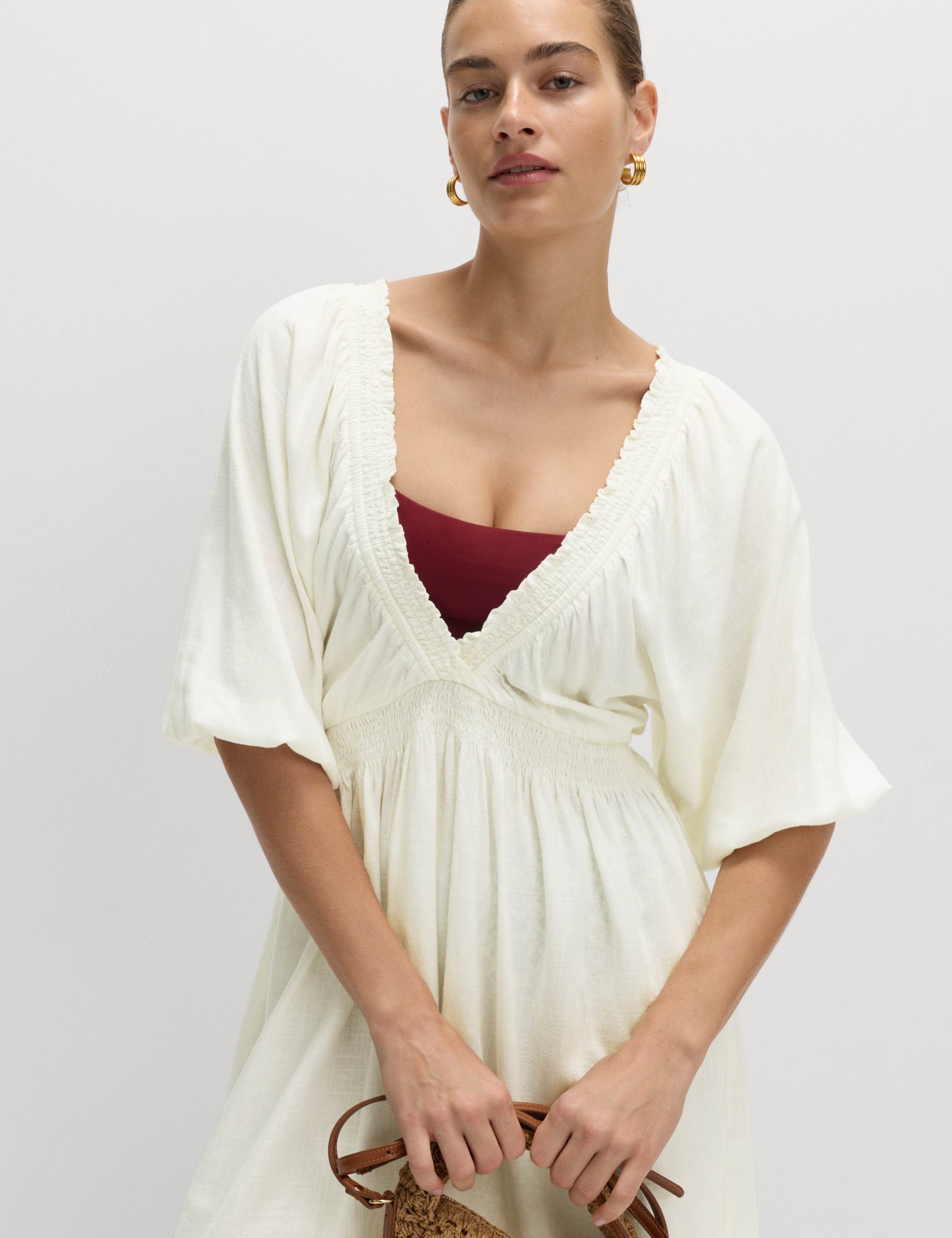 V-Neck Shirred Mini Beach Dress With Linen