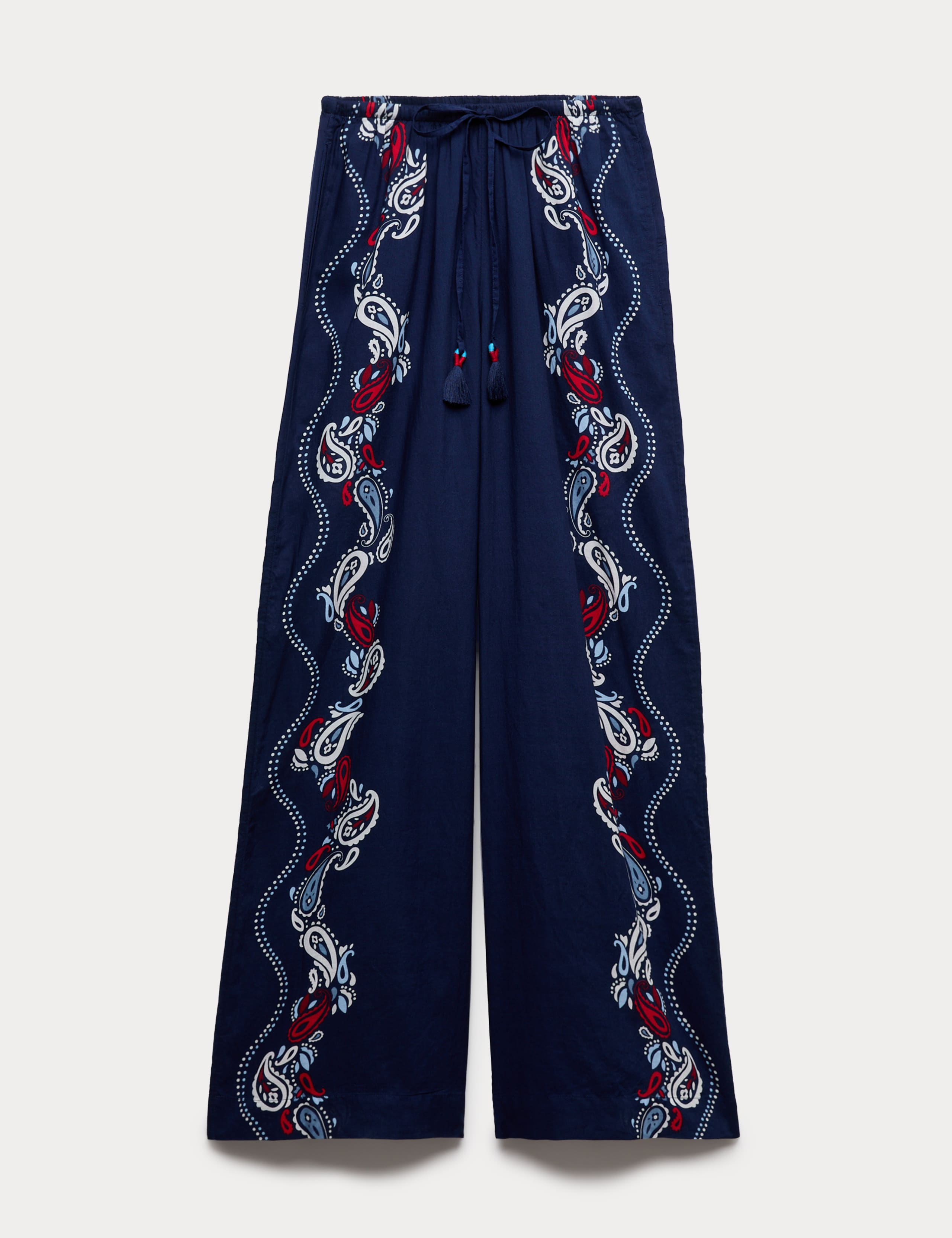 Pure Cotton Printed Drawstring Wide Leg Beach Trousers