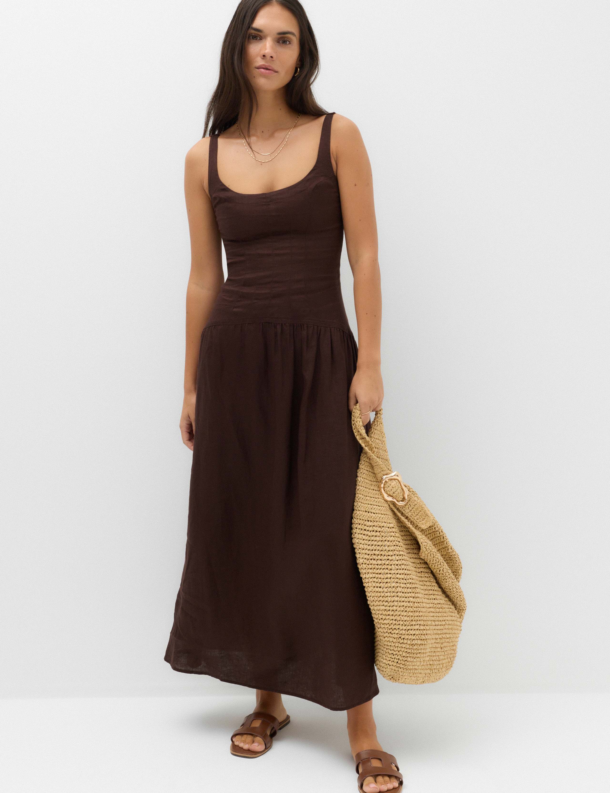 Pure Linen Scoop Neck Waisted Midaxi Dress