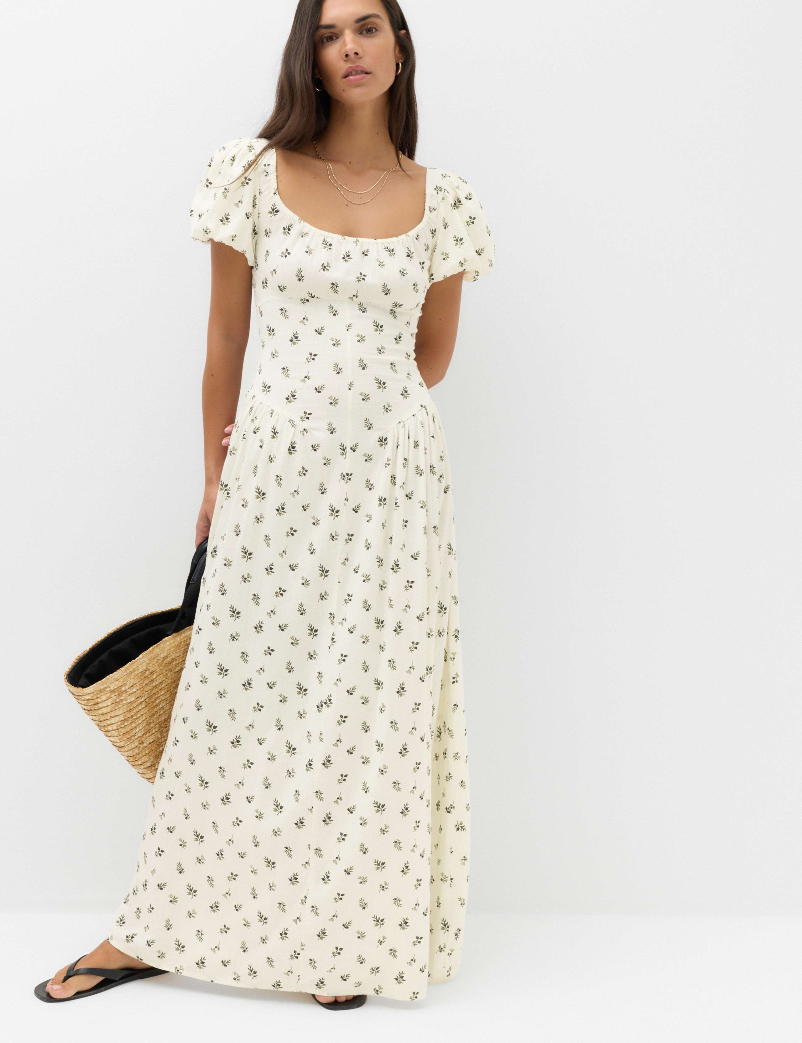 Linen Rich Floral Scoop Neck Maxi Dress