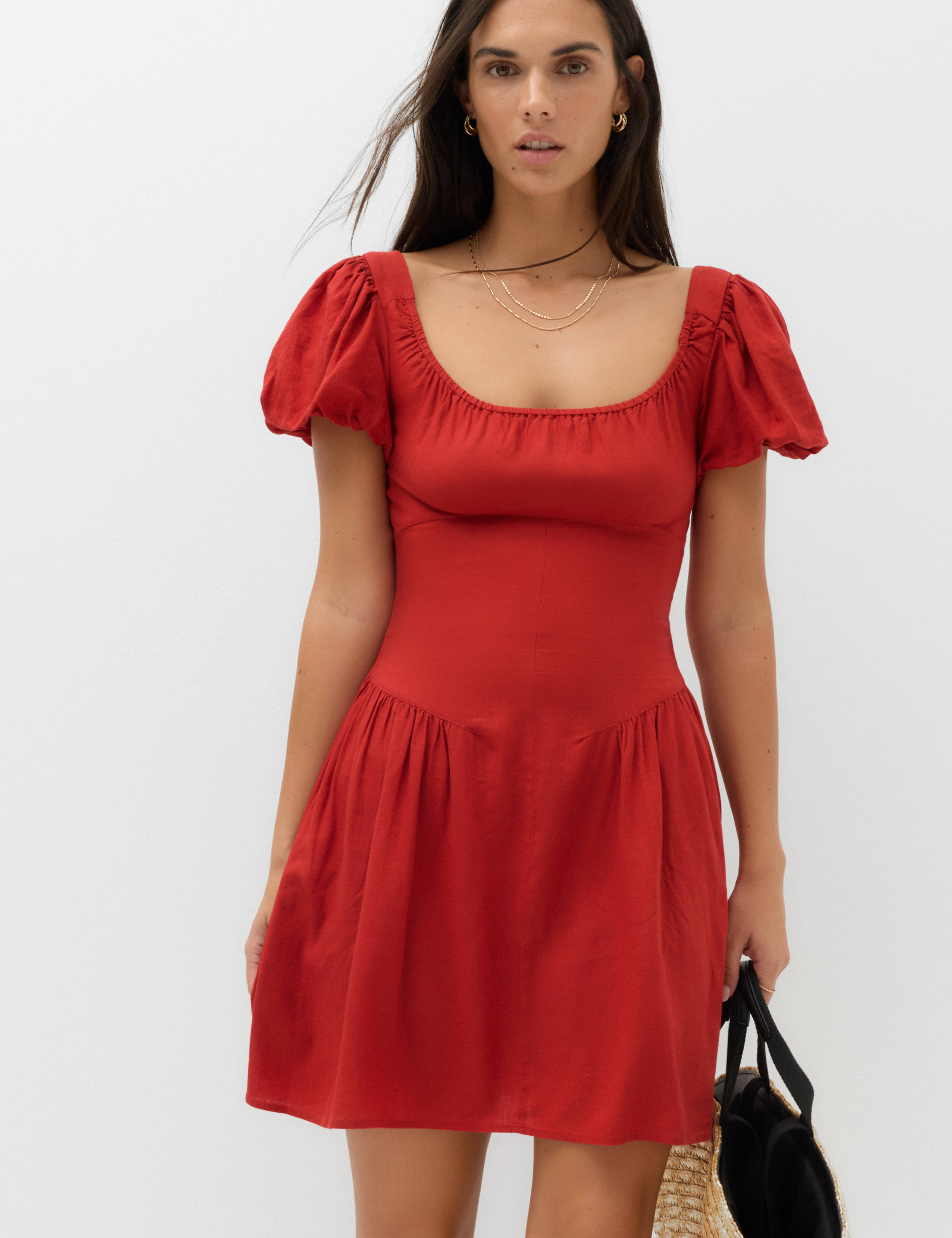 Linen Blend Square Neck Puff Sleeve Mini Dress