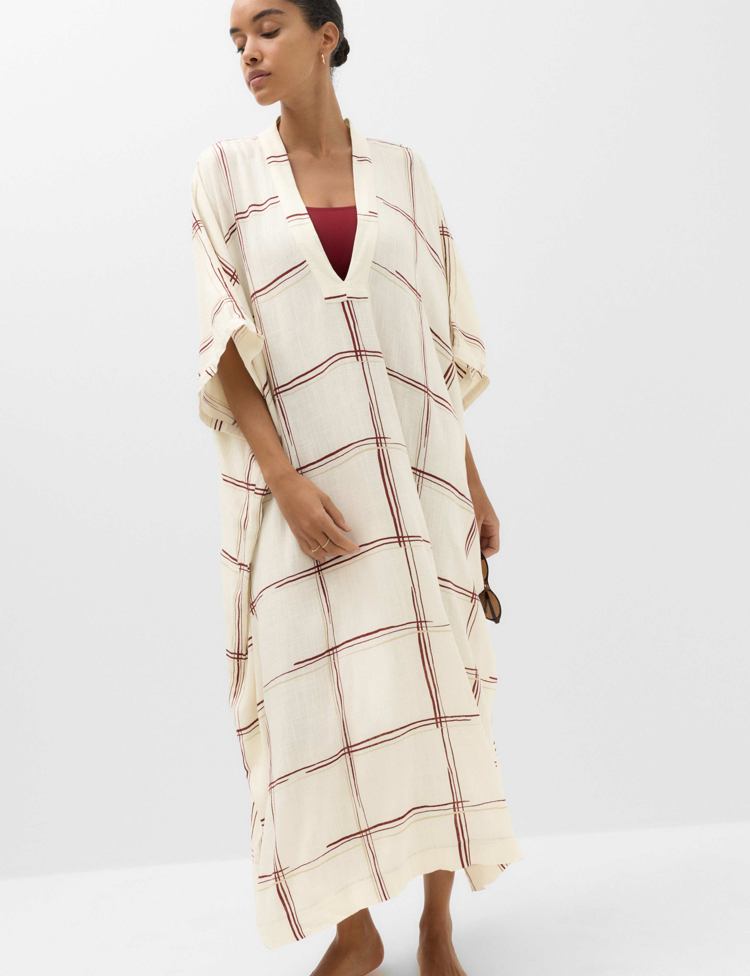 Checked Midi Kaftan Beach Dress with Linen